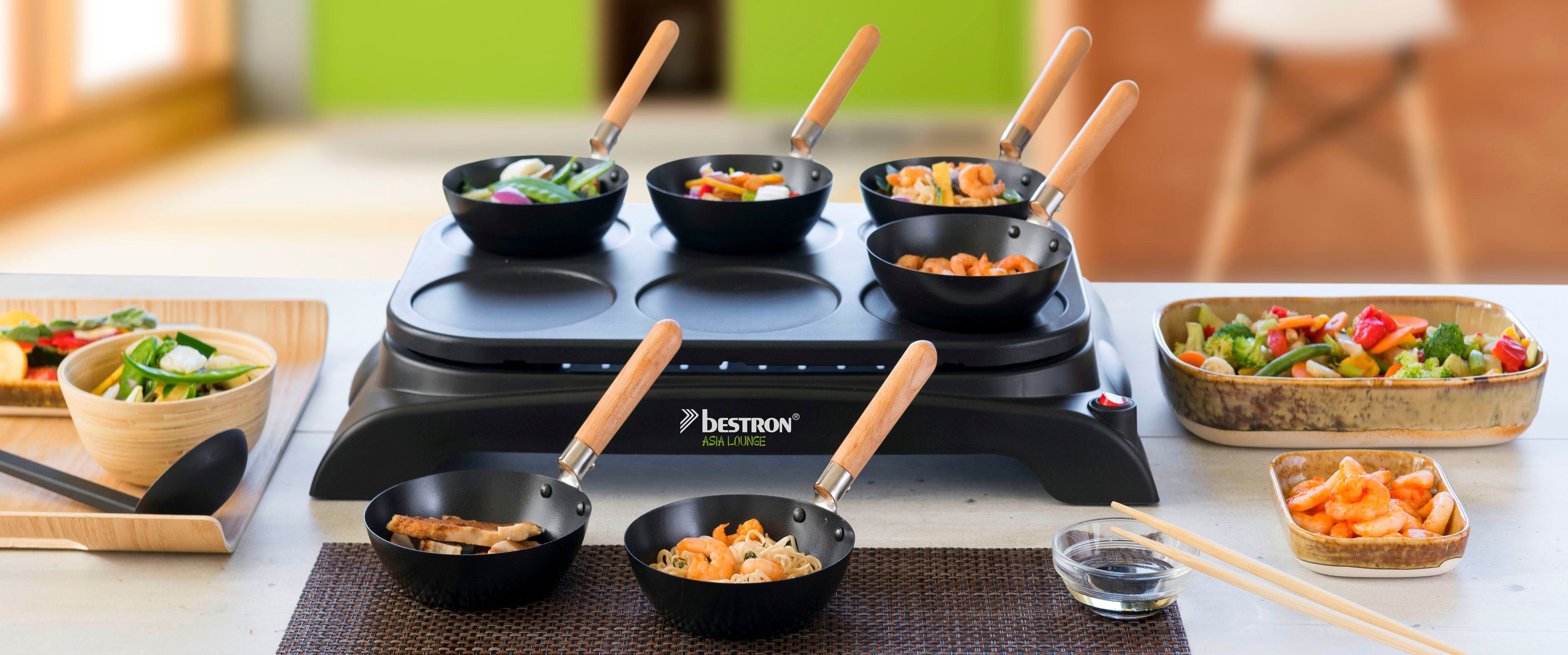 bestron Raclette AWS600, 6 Raclettepfännchen, 1000 W, Mini Wok Pfannen für 6 Personen, inkl. 6 Holzspatel & 1 Schöpflöffel