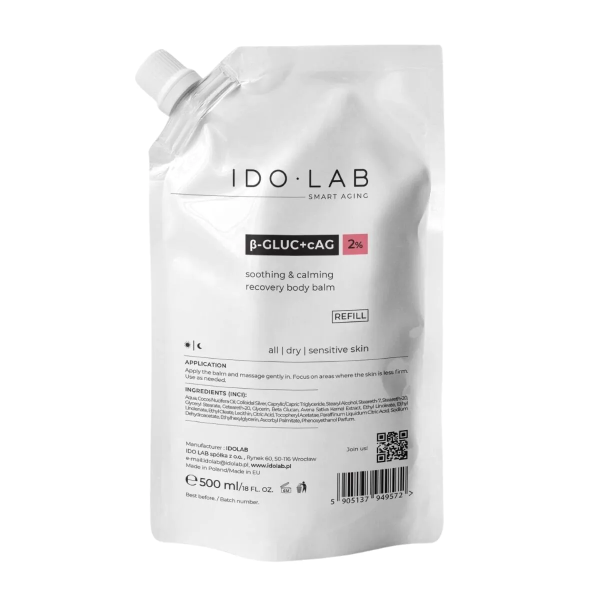 Ido Lab B-Gluc + cAG Intensyviai drėkinantis ir raminantis kūno kremas, papildymas 500 ml