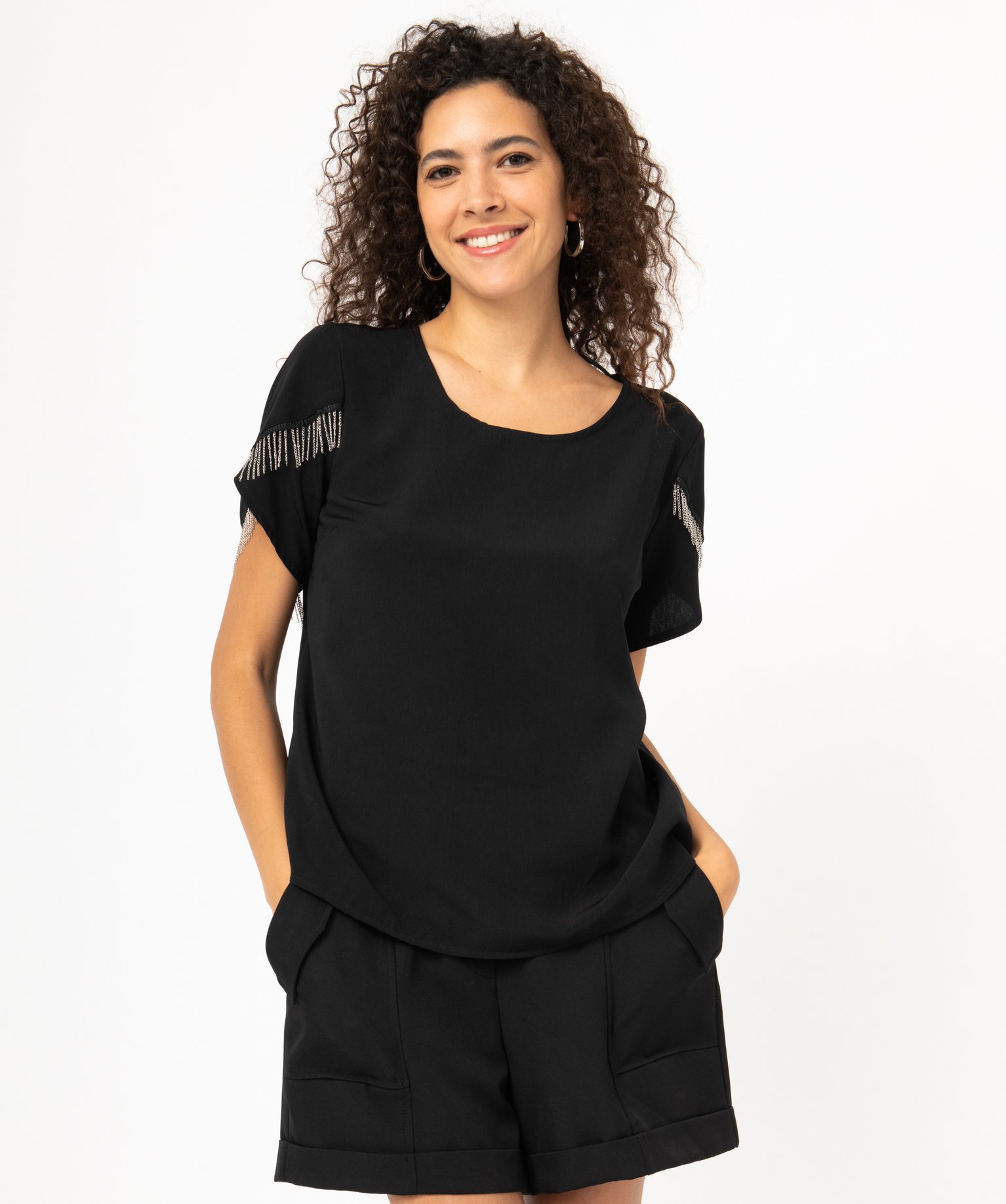 Blouse à manches courtes avec franges chaines femme noir | GEMO