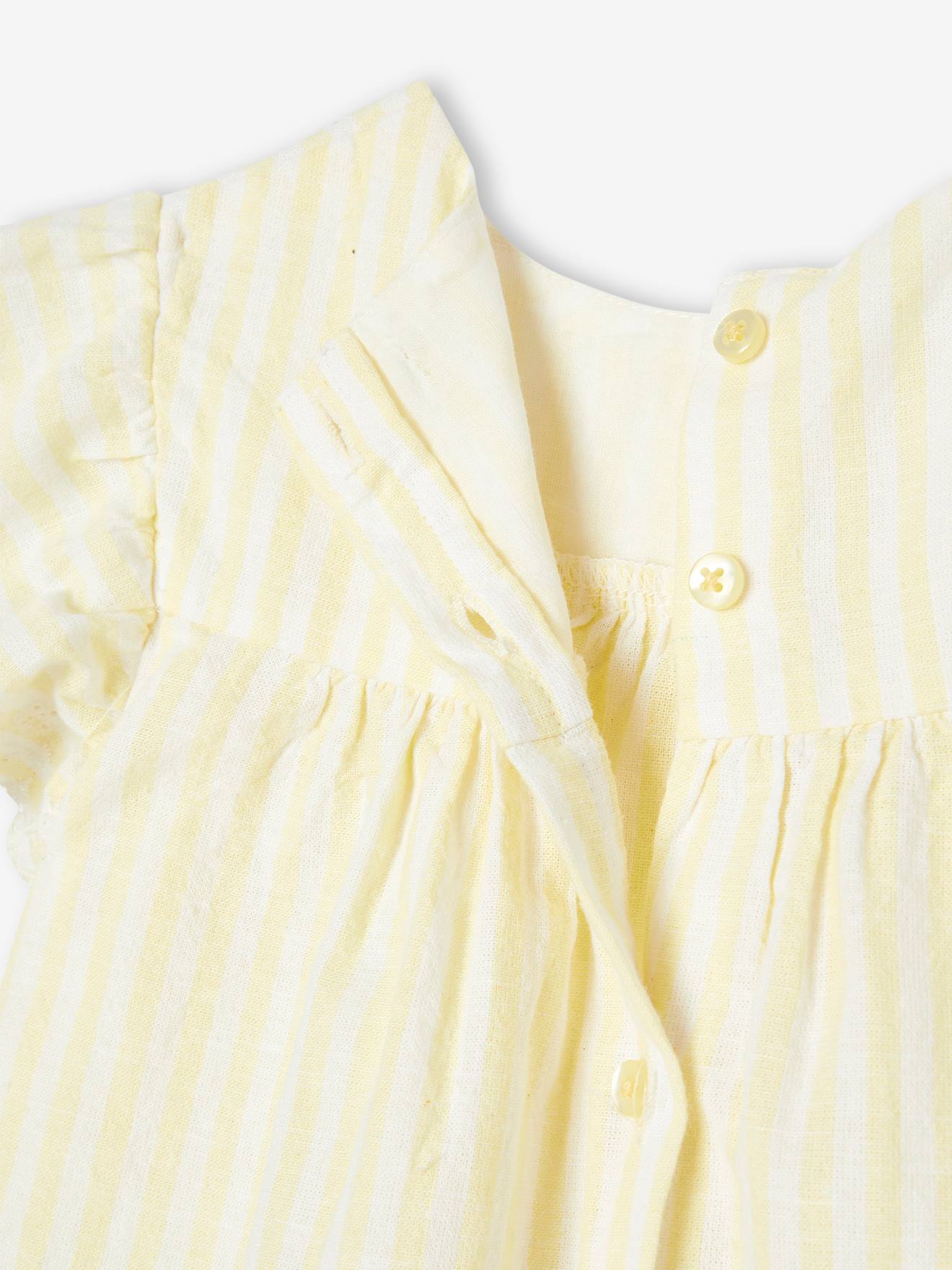 Ensemble 3 pièces Bébé : robe + bloomer + bandeau jaune pastel
