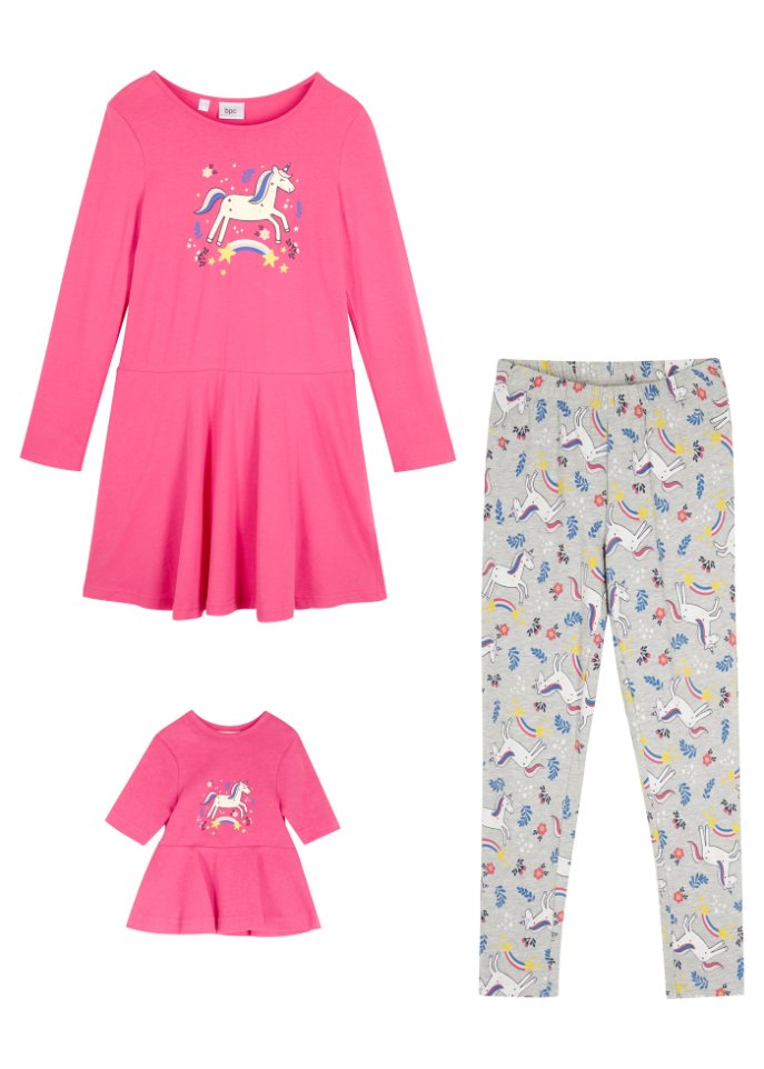 Mädchen Jerseykleid + Leggings mit Puppenkleid (3-tlg. Set)