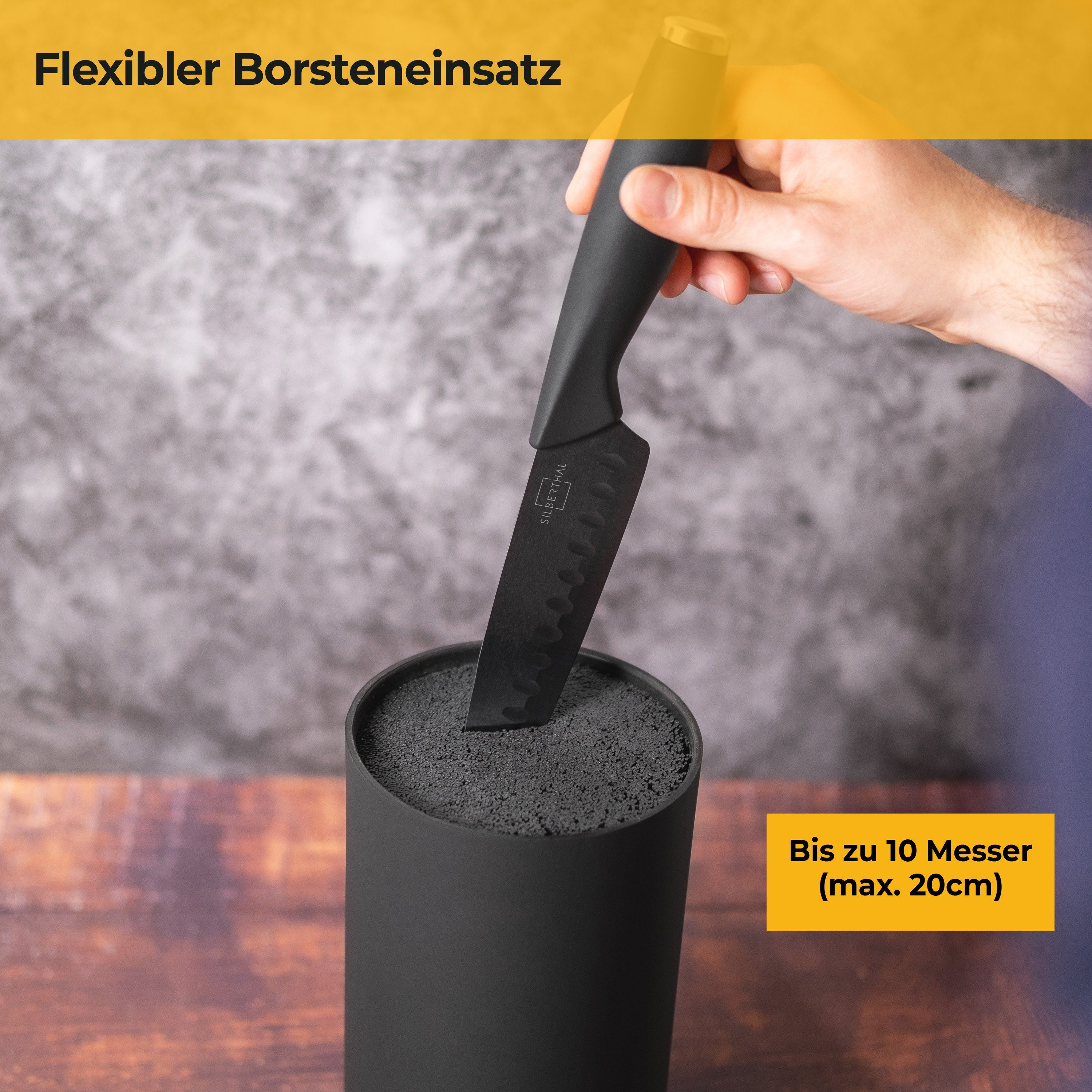 SILBERTHAL Messerblock ohne Messer in Schwarz mit elegantem Edelstahlring (1tlg), flexibler Borsteneinsatz