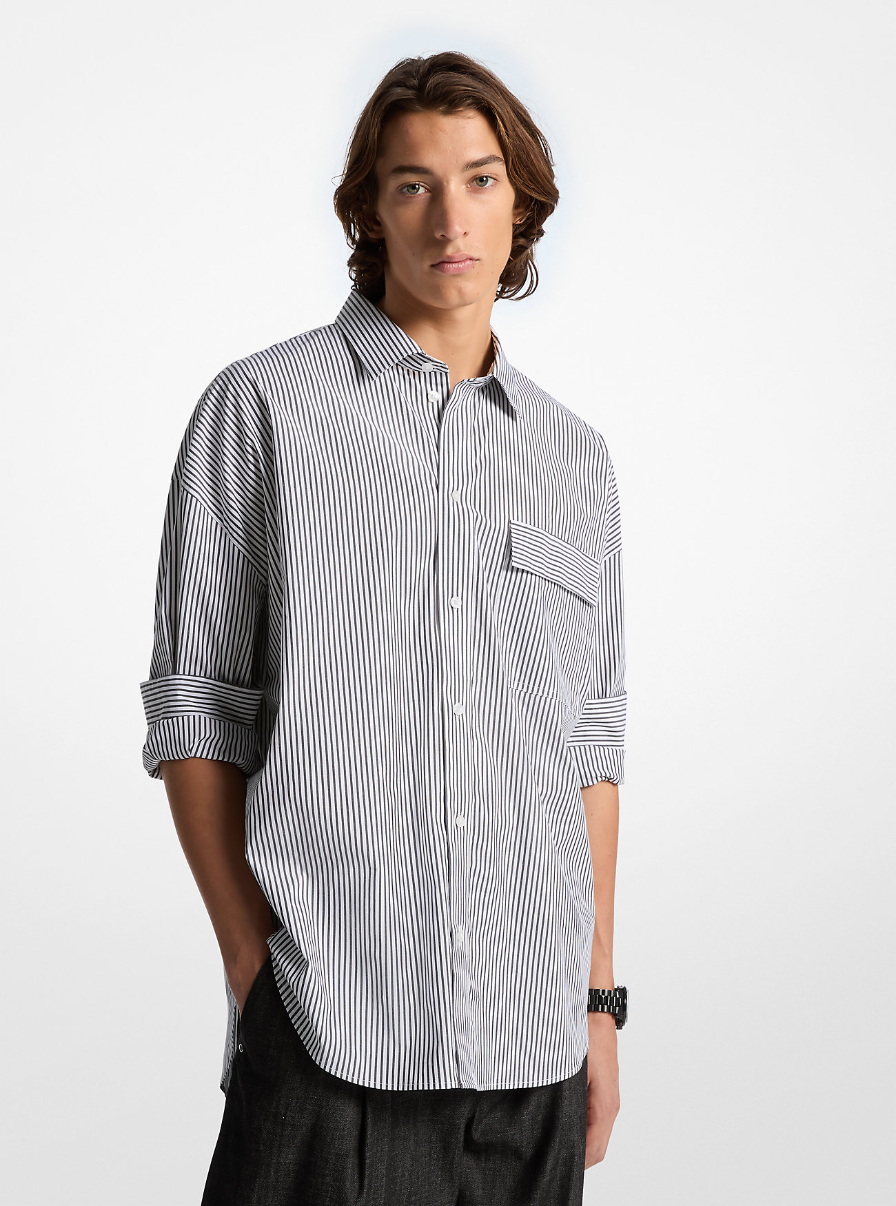 Oversized Striped Stretch Cotton Poplin Shirt - BLACK/WHITE