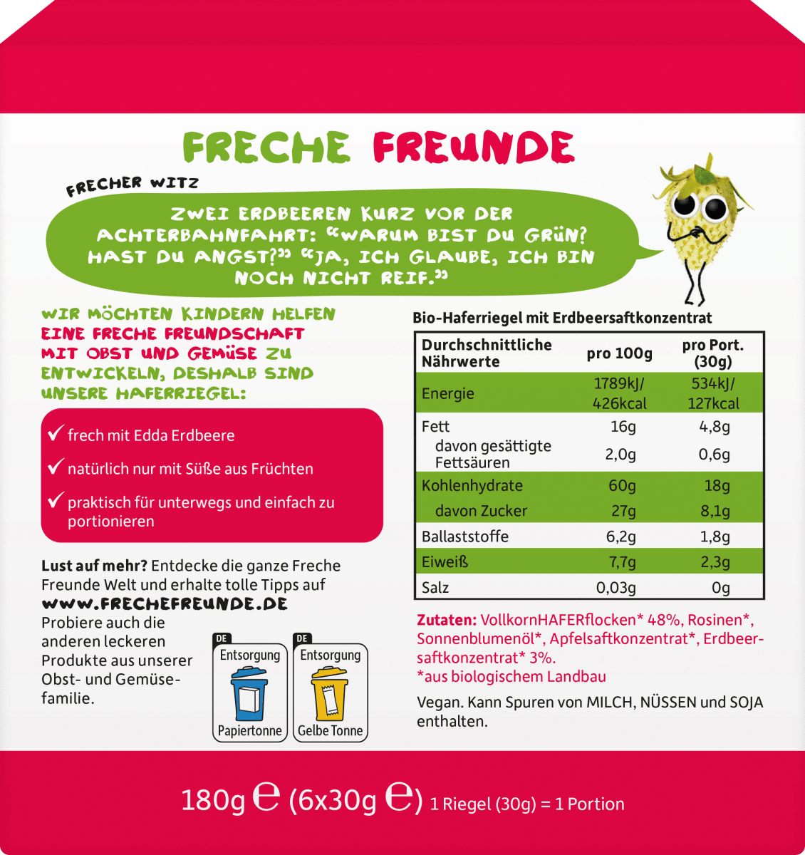 Fruchtriegel Hafer Erdbeere, ab 3 Jahren, (6x30 g), 180 g