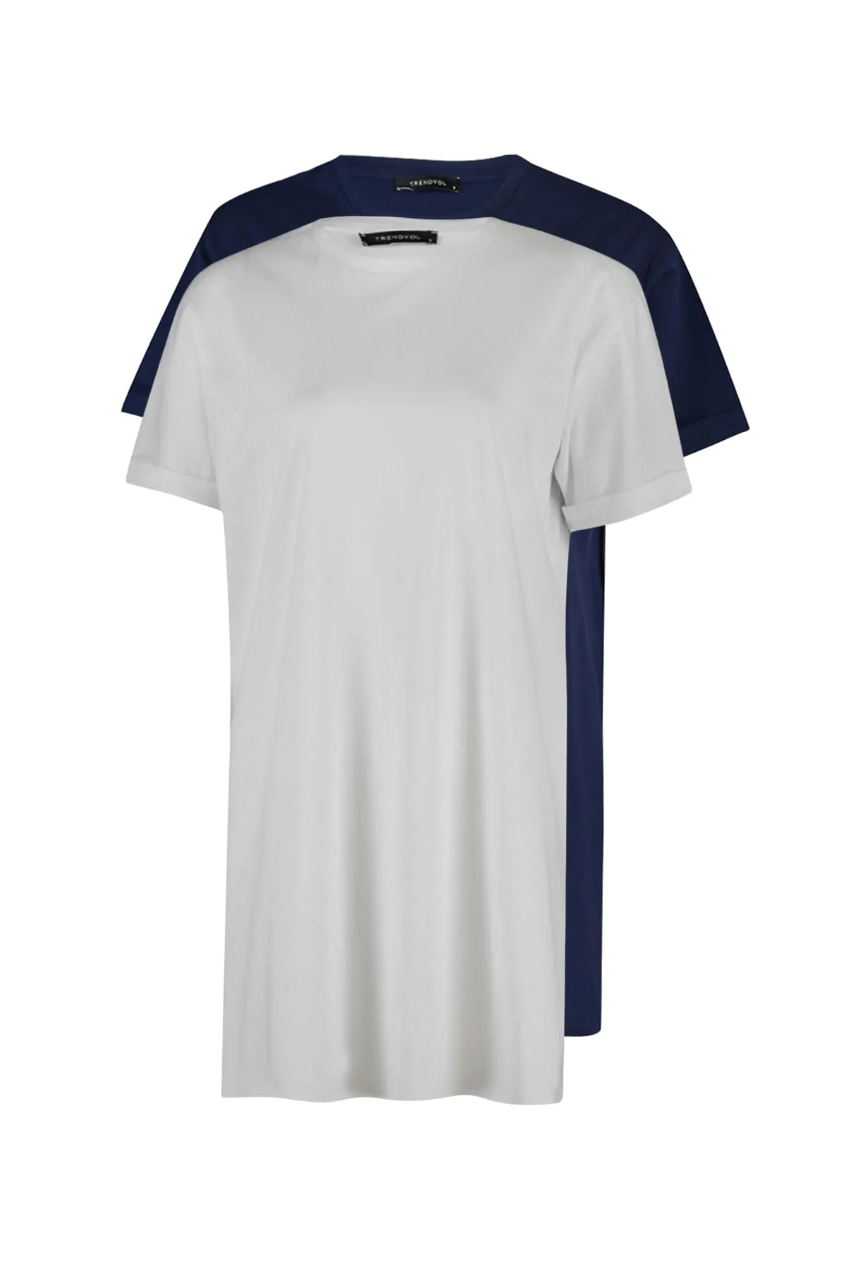 Trendyol Modest  Marineblau-weißes Basic-Strick-T-Shirt mit Schlitz und detailliertem Rundhalsausschnitt im 2er-Pack TCTSS21UK0009