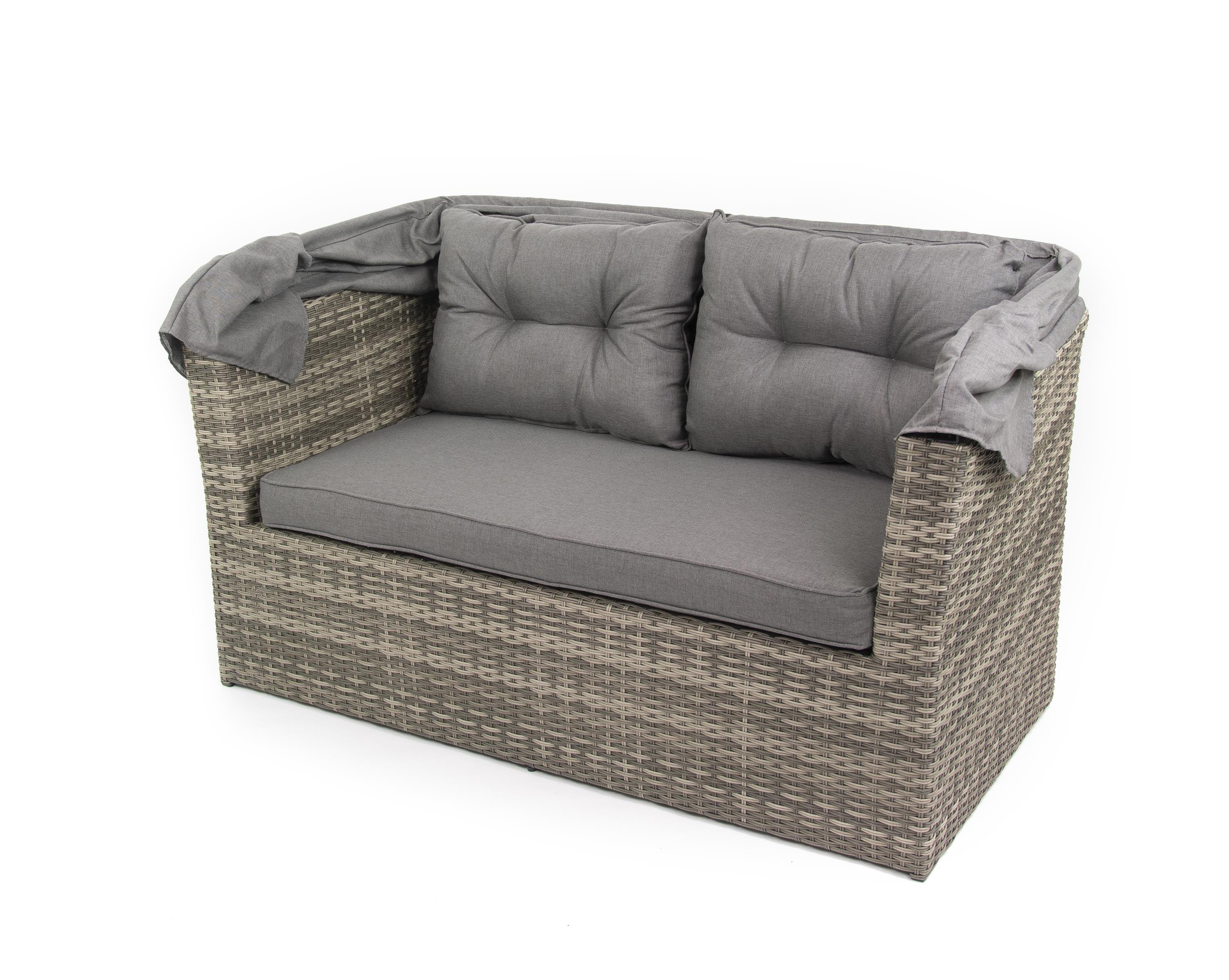 bellavista - Home&Garden® Strandkorb Multifunktionslounge - Strandkorb Long Island, BxTxH: 145x80x152 cm, Modern, (Set, 7-tlg., inkl. Sitz und Rückenkissen), 2-sitzer Sofa ca. 145x80x80,5cm (BxTxH) und 145x80x152cm (BxTxH) mit aufgeklapptem Dach, Fuß