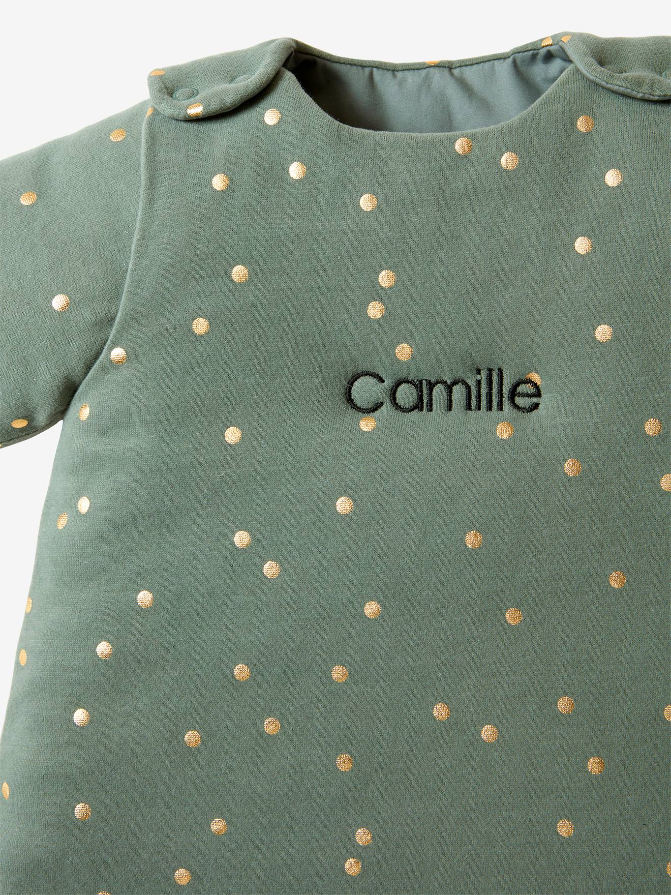 Vertbaudet Baby Winterschlafsack GRÜNER WALD Ärmel abnehmbar Oeko-Tex personalisierbar - wollweiß/gold getupft