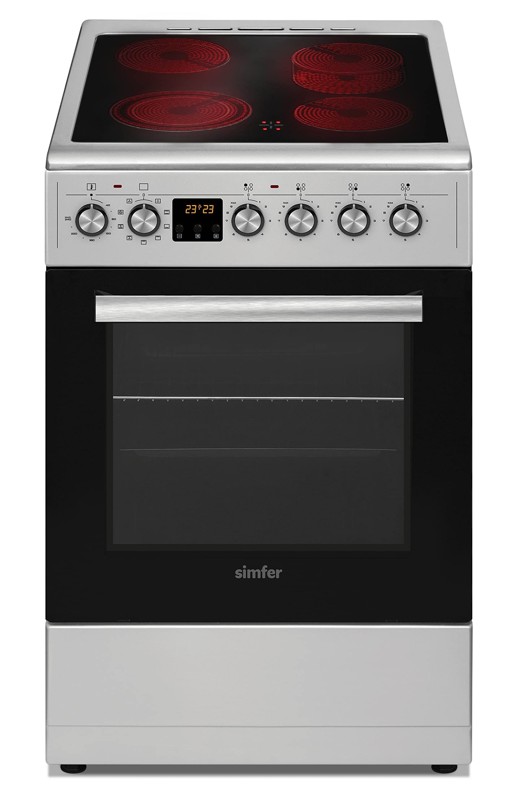 Simfer Elektro-Standherd SMF-FS 4249, 50 cm Herde mit 4x Glaskeramikkochfeld, 47 Liter, mit 1-fach-Teleskopauszug, Zweikreis&Bräterzone, 4 Hilight-Zonen, Teleskopauszug, Digitaler Timer