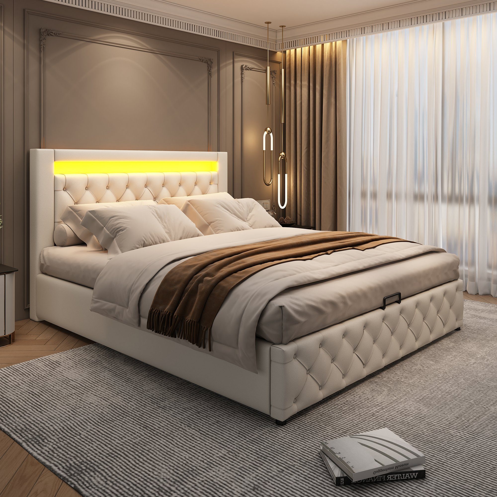 REDOM Polsterbett Polsterbett Doppelbett Stauraumbett Bett mit Lattenrost ohne Matratze (Leder, Hydraulisch 140 x 200 cm/180 x 200 cm), Funktionsbett mit Lattenrost und Stauraum, Mit LED-Beleuchtung