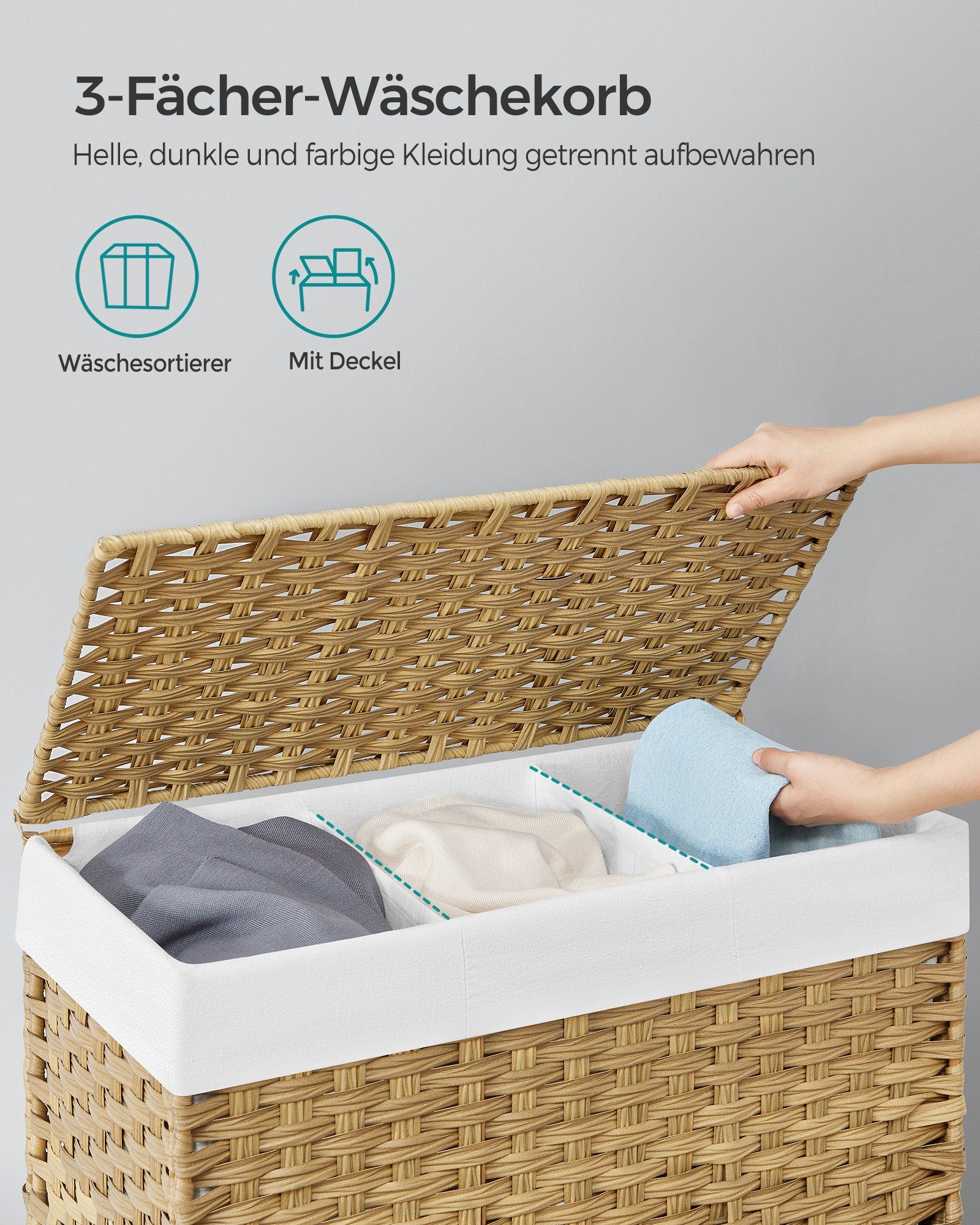 SONGMICS Wäschekorb, 140 L, mit 3 Fächern, herausnehmbare Tasche, Griffe