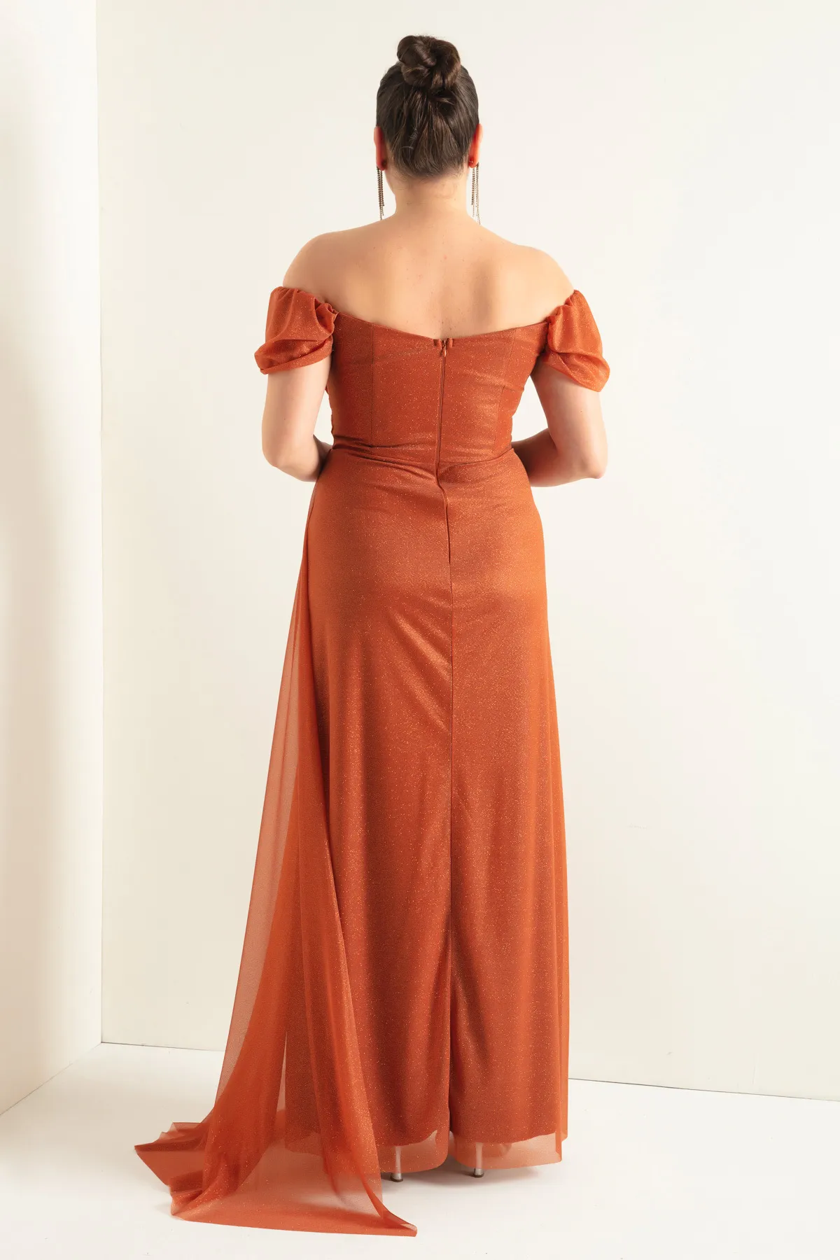 Lafaba  Damen-Abendkleid mit U-Boot-Ausschnitt in Backstein-Stein, drapiert, Schlitz, langes Glitzer-Abendkleid