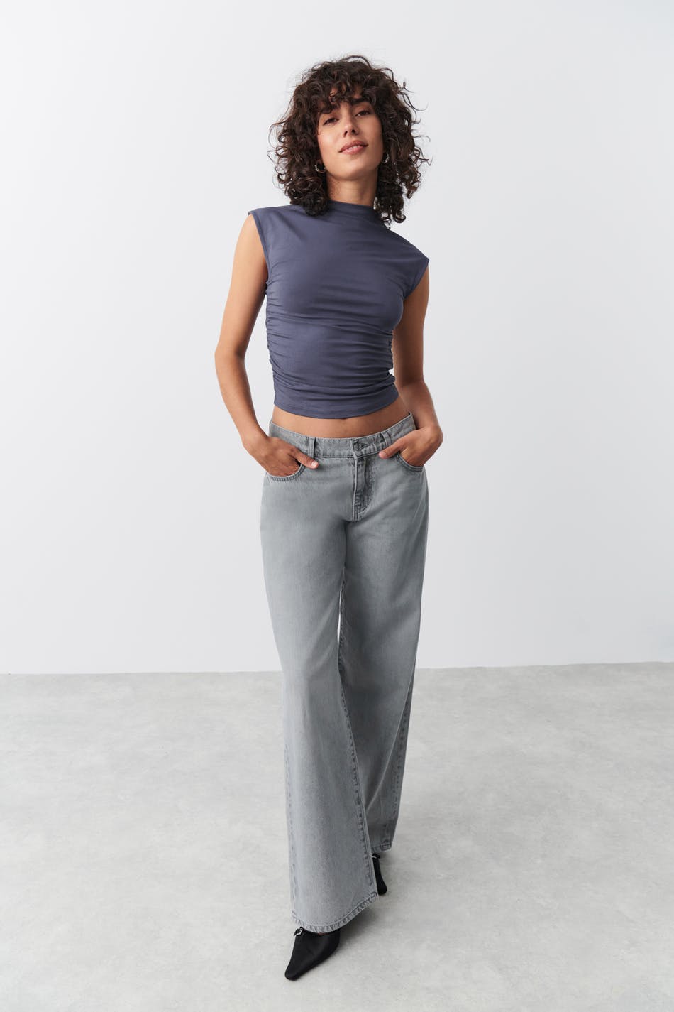 Soft touch funnel neck top
