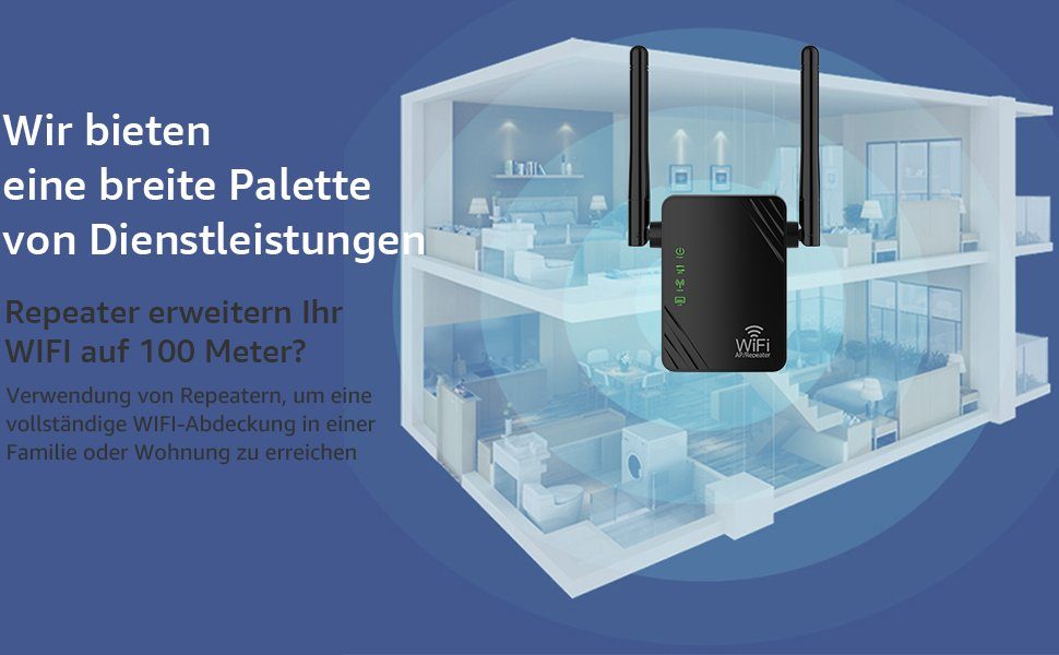MULISOFT WLAN Verstärker, 300Mbit/s, 2.4G Internet Repeater mit LAN Anschluss WLAN-Repeater, WLAN-System Abdeckung: bis zu 100QM, 2 Ports, WPS Funktion Willigt IEEE802.11b/g/n