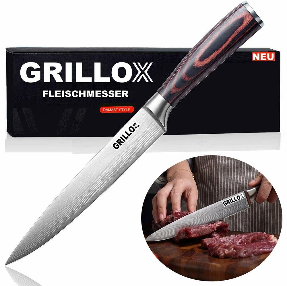 MAVURA Fleischmesser GRILLOX Fleischmesser Tranchiermesser Profi Chefmesser 20cm Küchenmesser Metzgermesser Kochmesser Edelstahl Scharf Pakka Holz im Damast Look