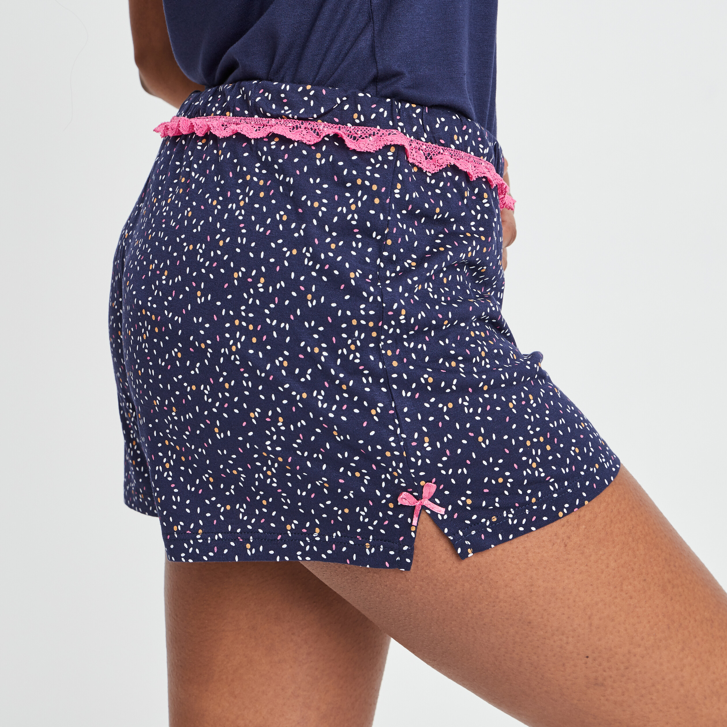 Bas de pyjama short liseré dentelle bleu marine femme | La Halle