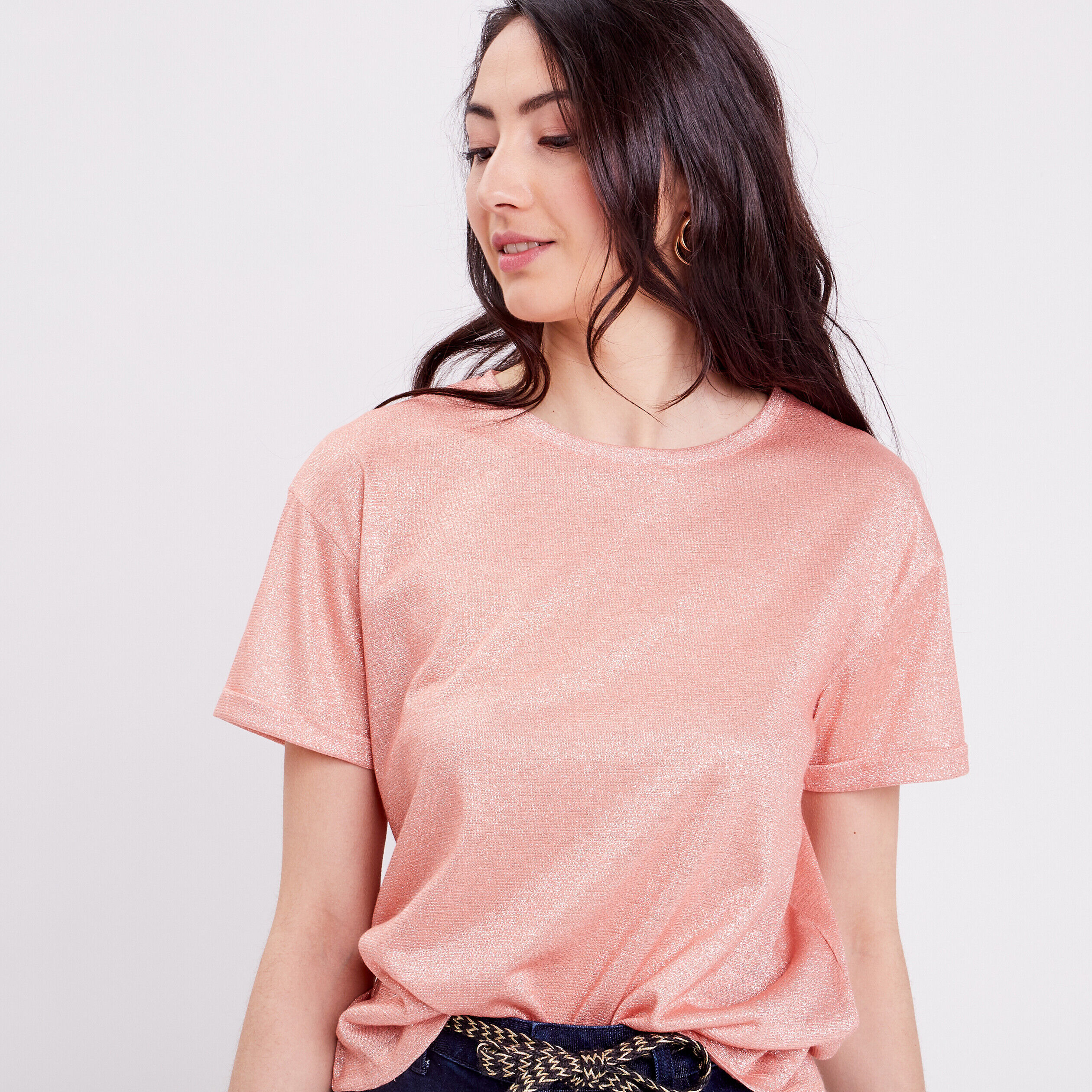 T-shirt fluide fils métallisés rose saumon femme | Cache Cache
