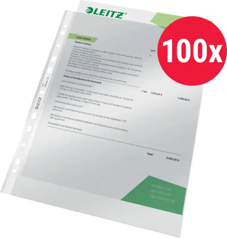 Leitz Prospekthüllen DIN A4 Glasklar Transparent 80 Mikron PP (Polypropylen) Oben 11 Löcher 4770 100 Stück
