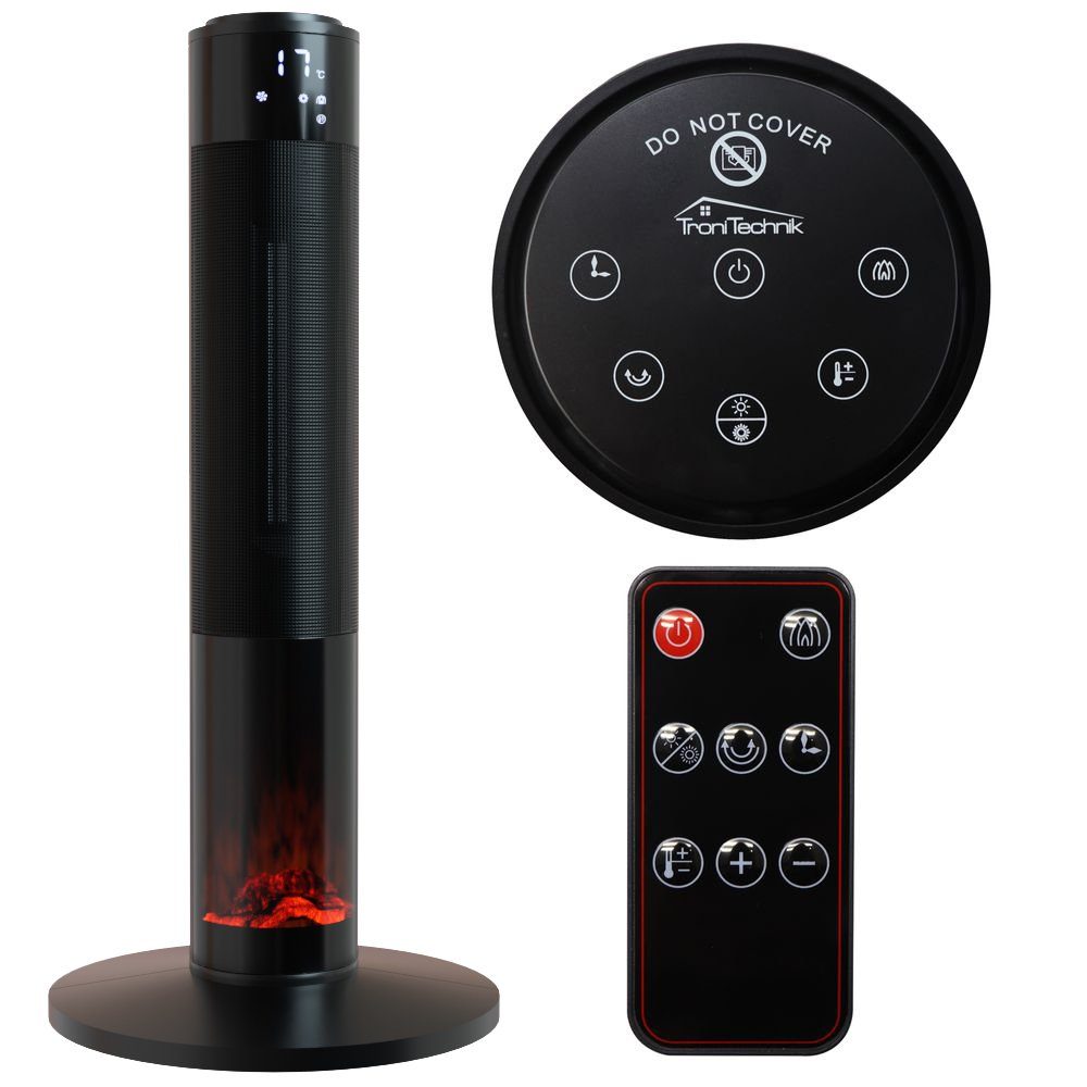 TroniTechnik Heizstrahler Turmheizer,Keramikelement,Heizgerät,Oszillation simulierten Flammen, 1000 W, zwei Heizstufen, Überhitzungsschutz und Abschaltautomatik, Thermostat