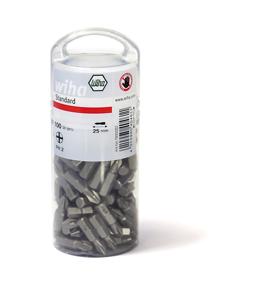 Conjunto de bits padrão Wiha 40462 de 25 mm Pozidriv (PZ2) com 100 peças de 1/4