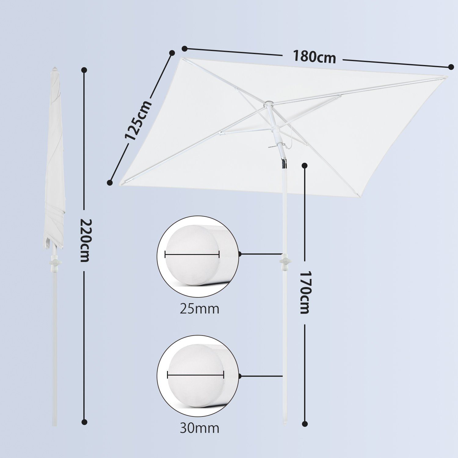 Sekey Sonnenschirm Balkonschirm Terasseschirm mit Schutzhülle, rechteckig 180 x 125 cm, LxB: 180,00x125,00 cm, Sonnenschutz UPF50+, Kippbar, Höhenverstellbar
