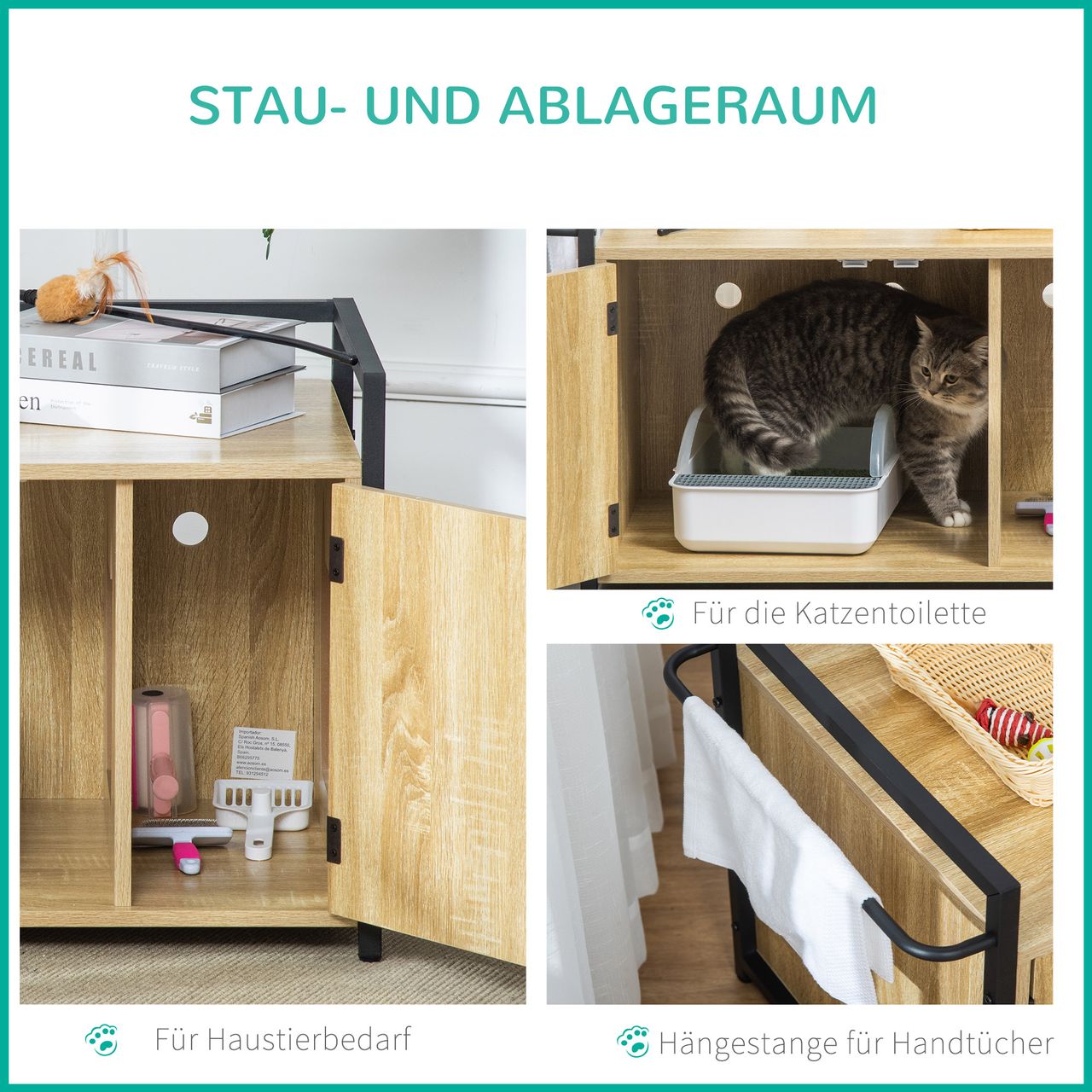 PawHut Katzenschrank für Katzentoilette Katzenklo Beistelltisch Katzenhaus Katzenkommode Schrank Spanplatte Naturholz 82,3 x 51 x 54 cm