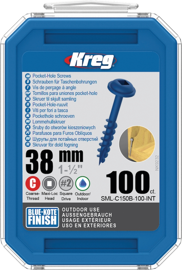 Skrutky Kreg SML-C150B-100-INT do vreckových otvorov 38 mm Blue-Kote Maxi-Loc hrubý závit 100 kusov