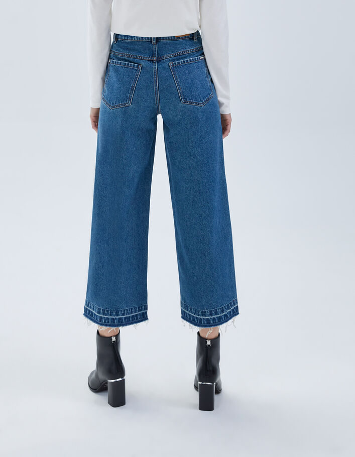 Jean large bleu taille haute 7/8e bas frangés Femme