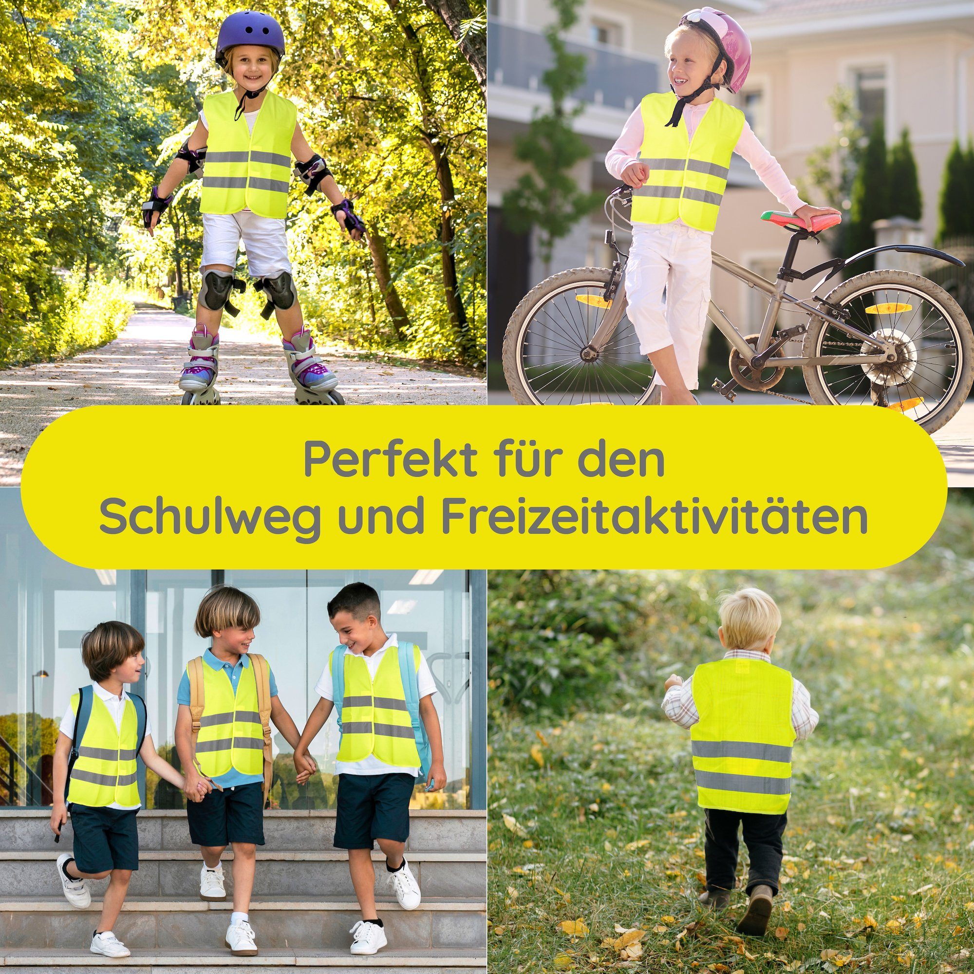 FLEXEO Warnweste Sicherheitsweste für Kinder (2-tlg) Kinderwarnweste für Fahrrad Straßenverkehr, neongelb, 2 Stück