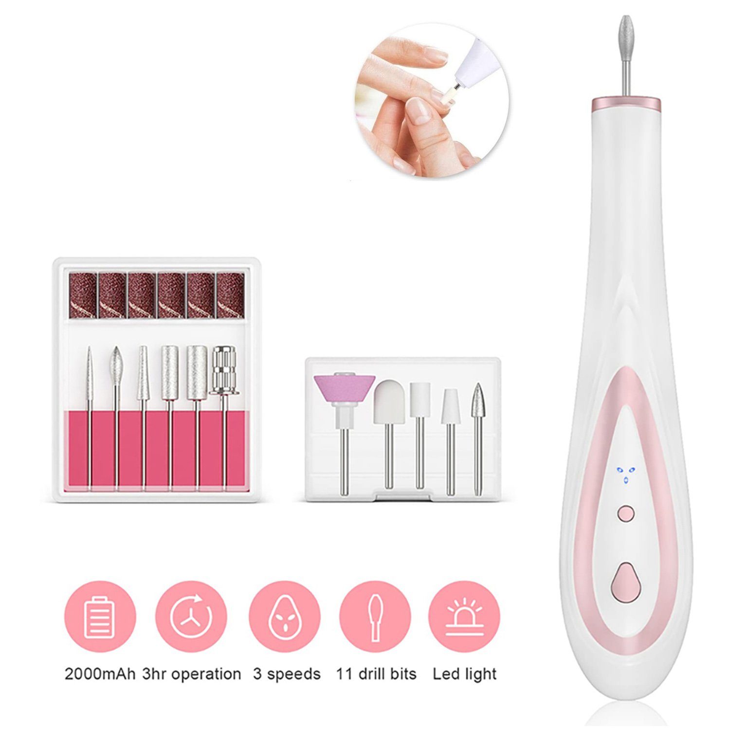 IBETTER Maniküre-Pediküre-Set Nagelfräser,Nagelpflege Set,Kabellos Elektrische Nagelfräse, wiederaufladbar, inkl. 11 Aufsätze, mit LED-Licht