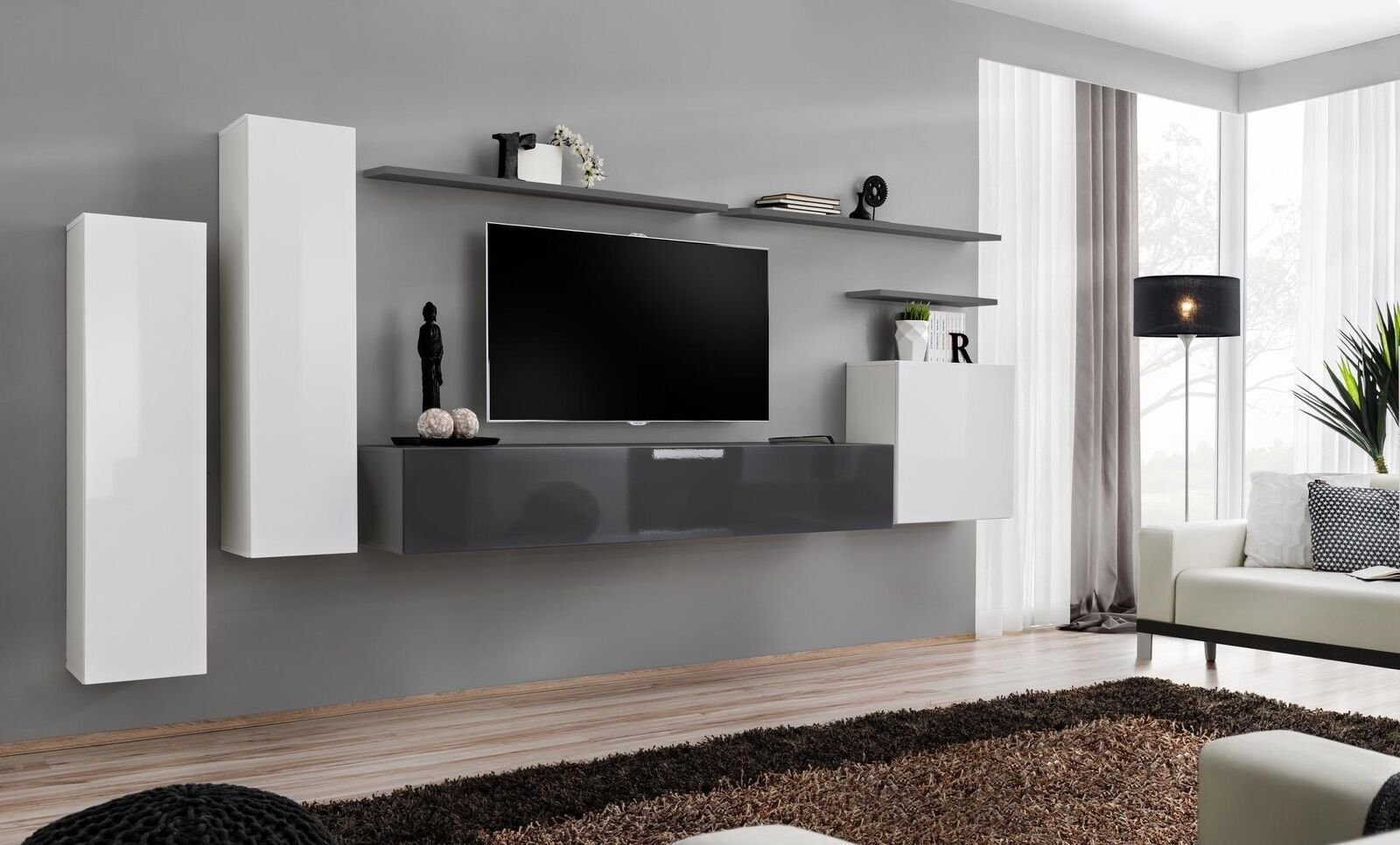 JVmoebel Wohnzimmer-Set Set 7 tlg Wohnzimmer TV-Ständer Schrank Wandschrank Wohnwände Holz, (8-St., 1x Wohnwand + 1x TV Ständer + 3x Wandschrank + 3x Wandregal), Made in Europa
