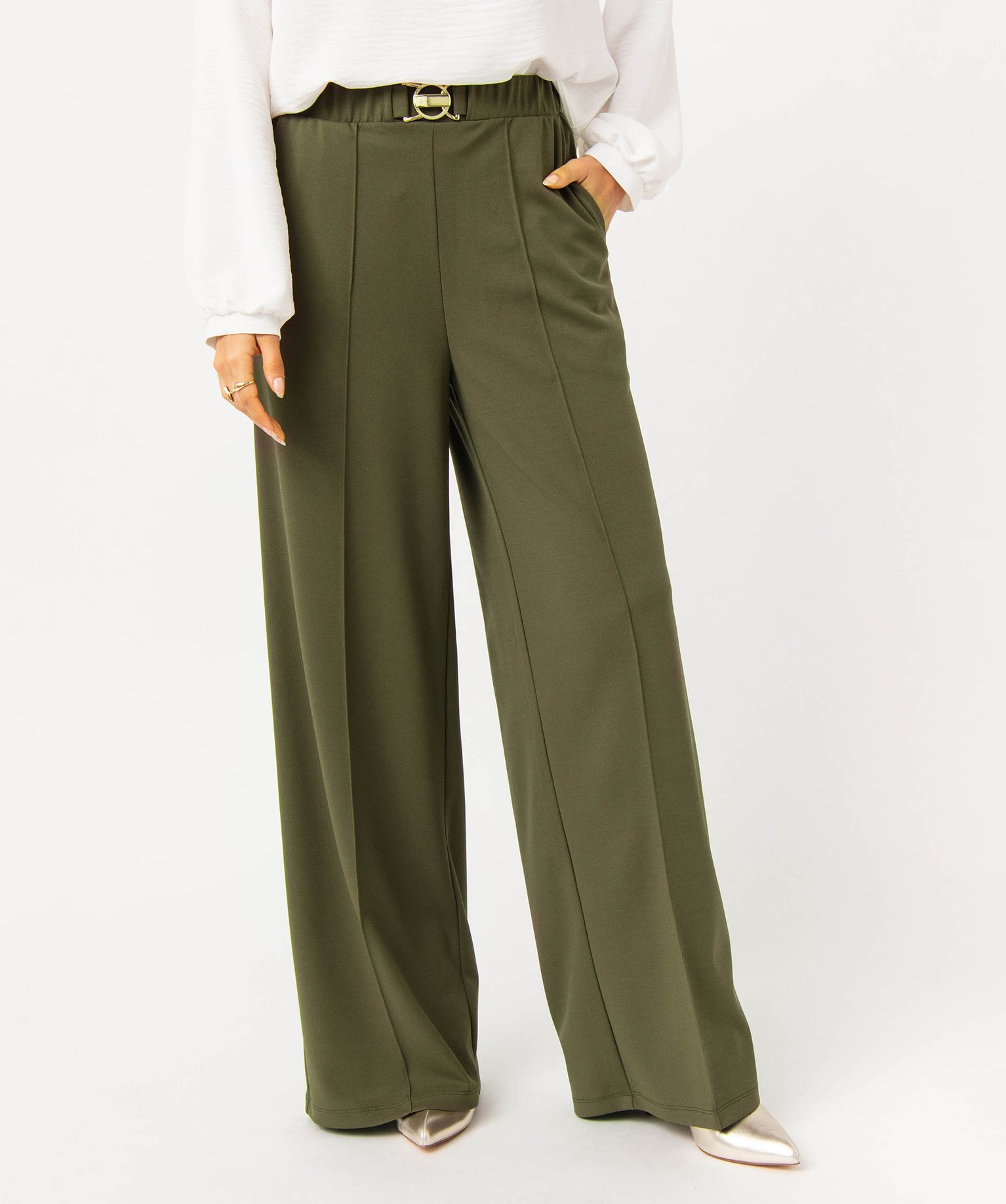 Pantalon en maille extensible avec bijou à la ceinture femme kaki | GEMO