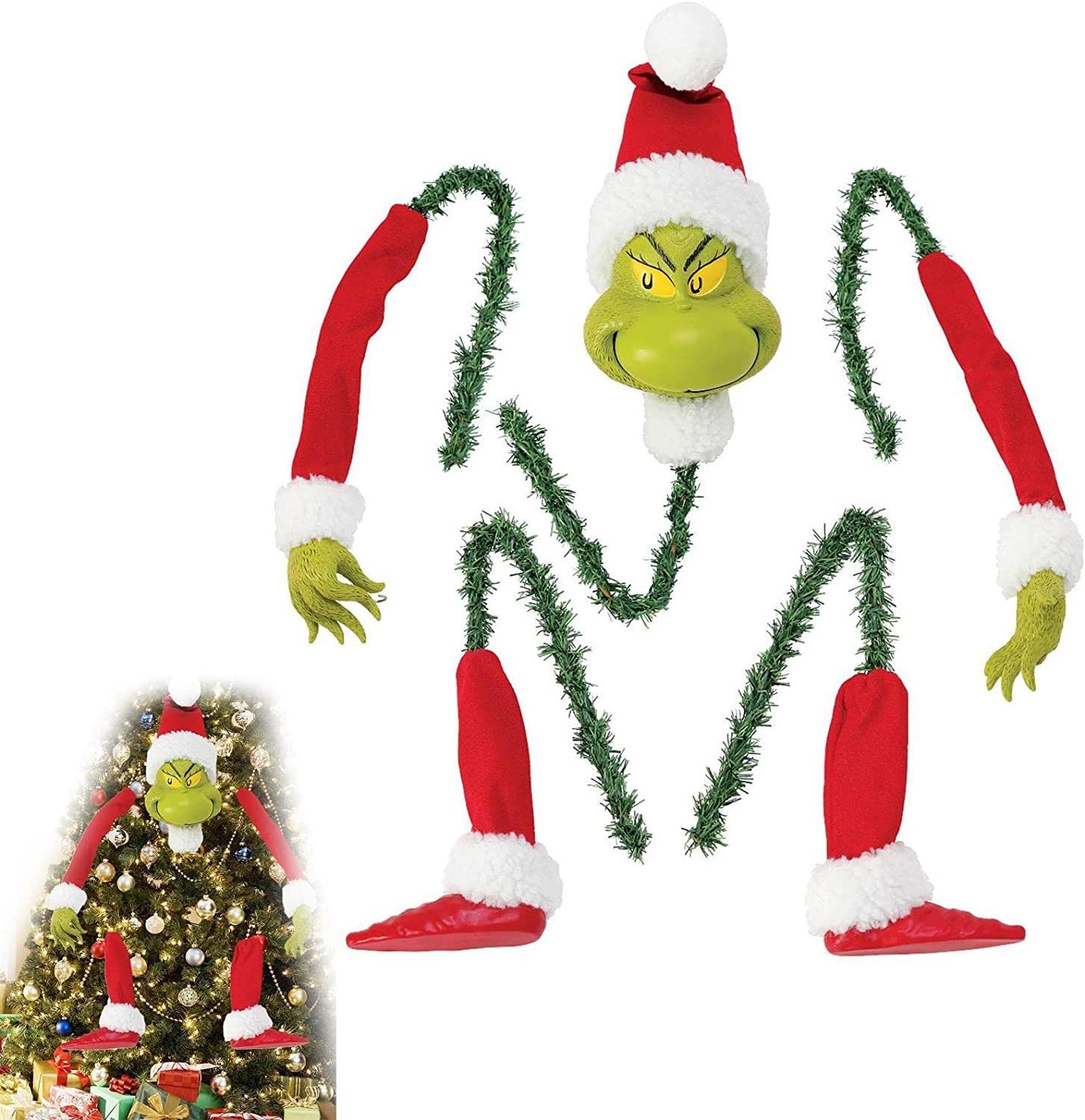 DOPWii Christbaumschmuck Grinch Weihnachtsbaum Dekoration,Elfen Kopf,Arme,Beine, Weihnachtself gefüllte Stuck Topper Girlande Ornamente