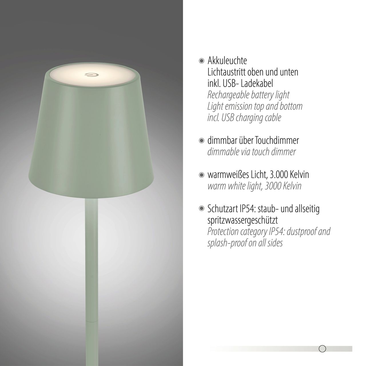 JUST LIGHT Akku-Stehleuchte EURIA, 1x LED-Board/2,50Watt/3000Kelvin, IP54, Grün