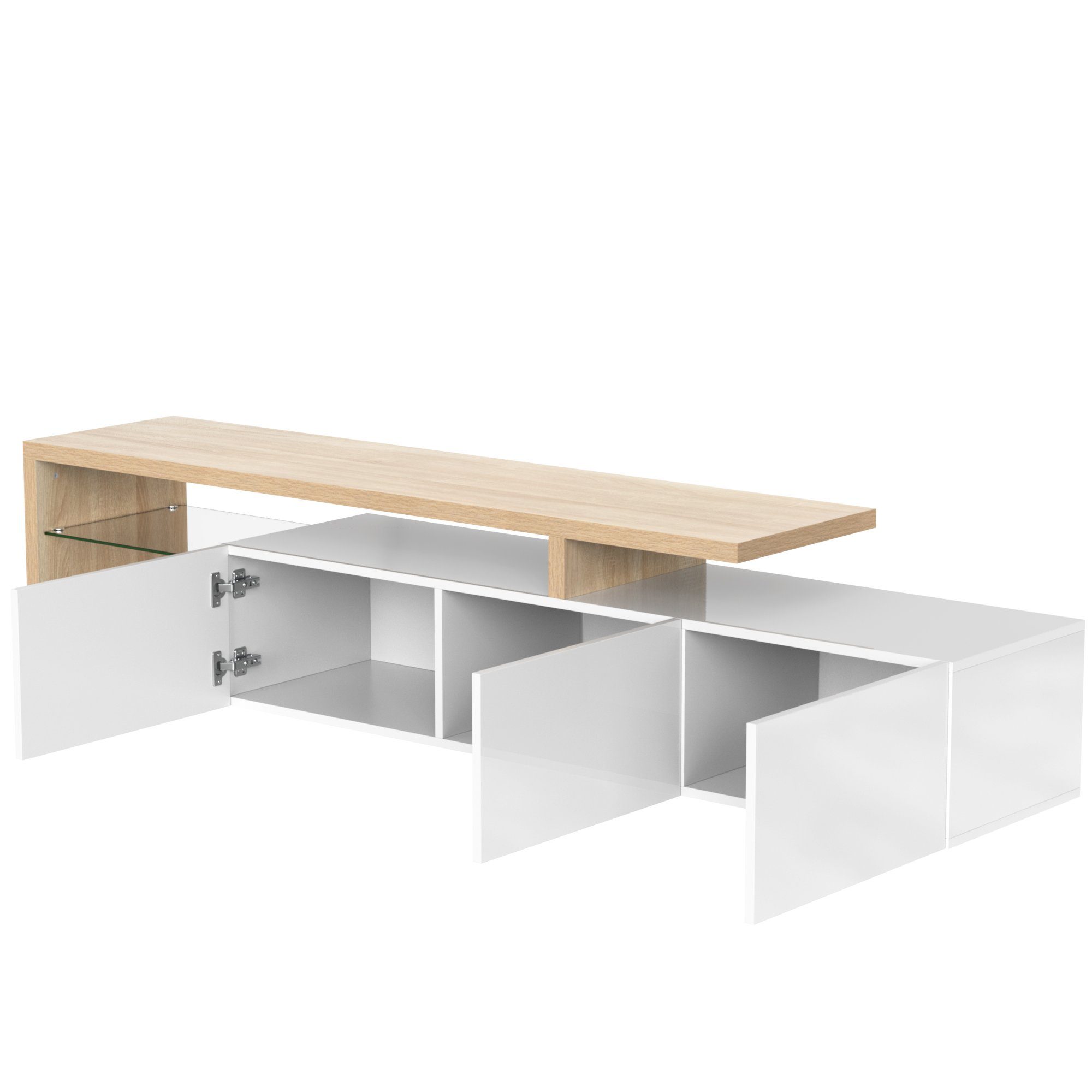 Merax Lowboard, mit Glasablgen und LED-Beleuchtung, Fernsehtisch Hochglanz, TV-Schrank