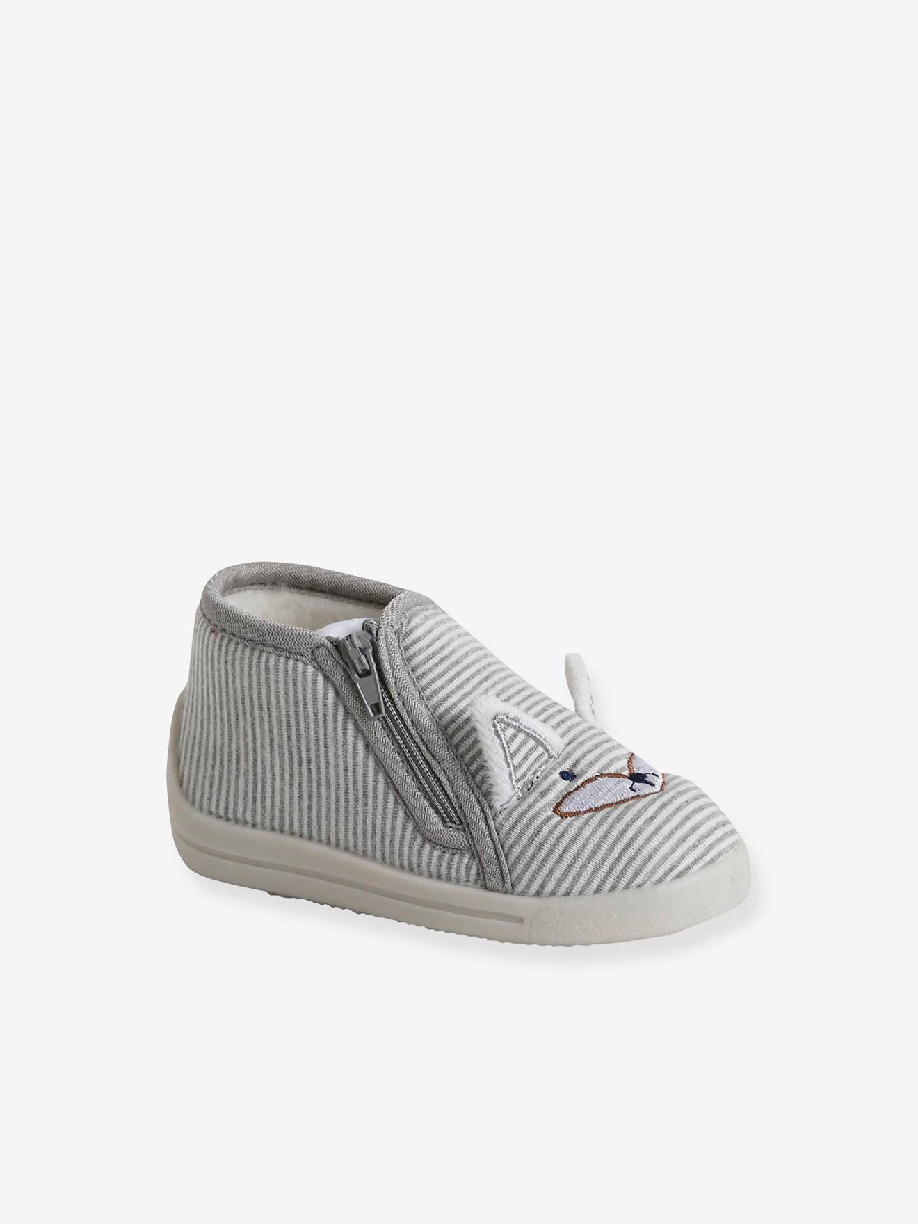 Chaussons zippés bébé en toile rayé gris