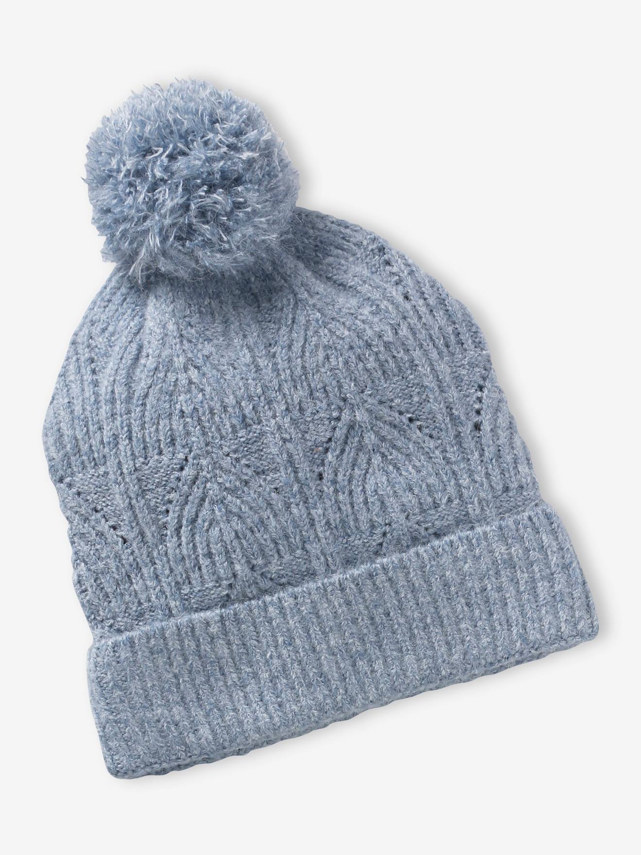 Ensemble bonnet + snood + moufles en maille torsadée mousseuse bleu grisé