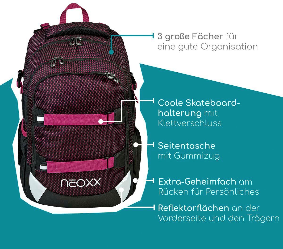 neoxx Schulrucksack Active, Crazy in Mesh, aus recycelten PET-Flaschen