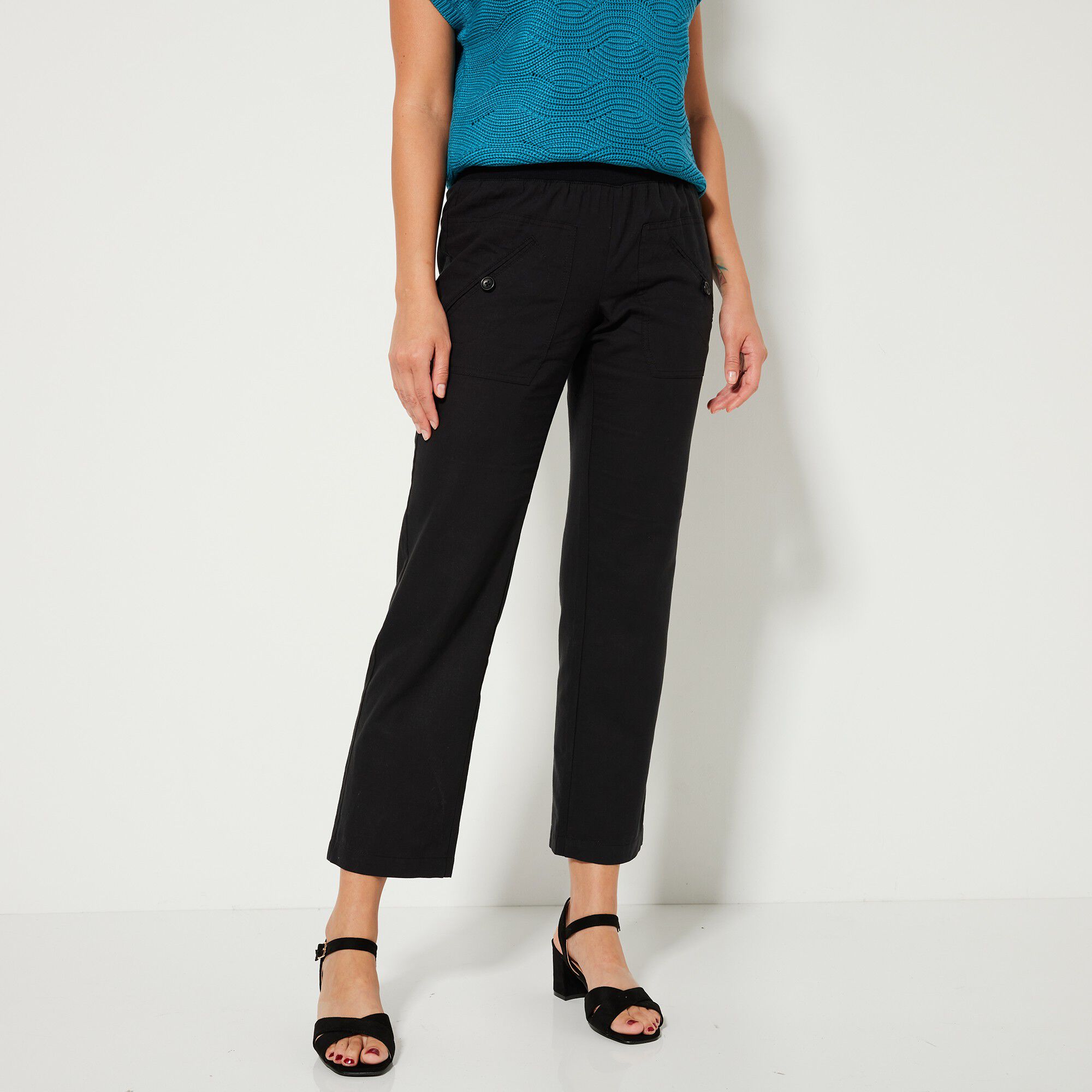 Pantalon coupe droite 7/8ème taille élastiquée, lin coton