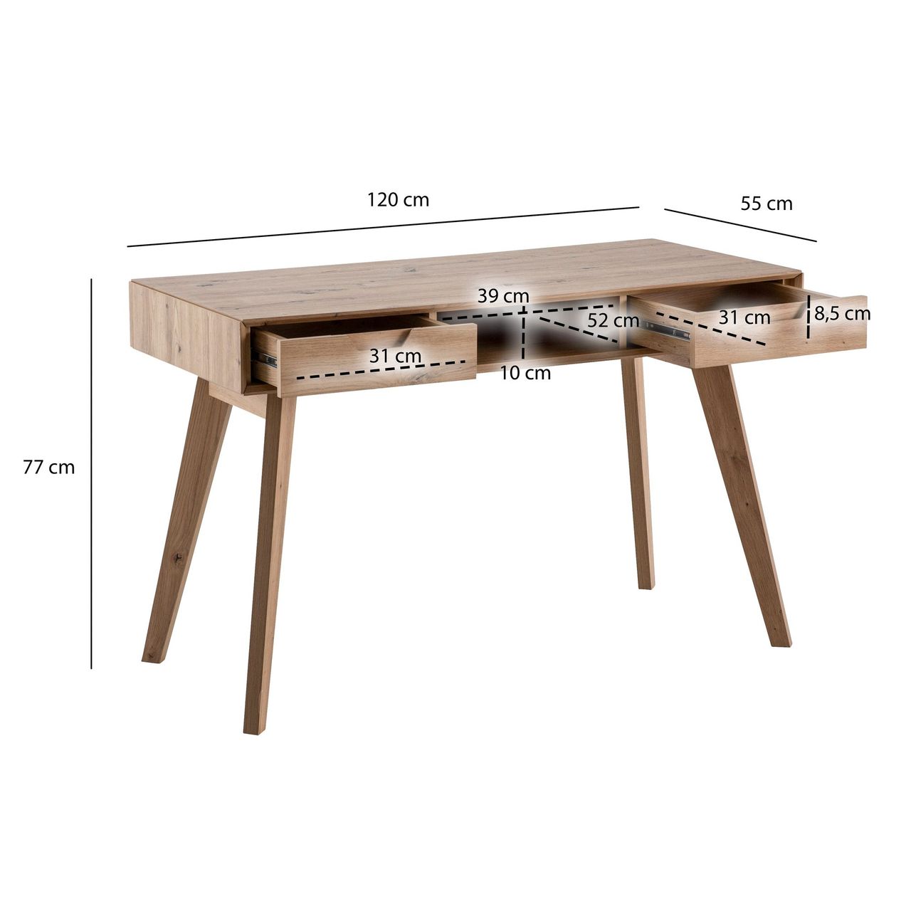 Wohnling Schreibtisch 120 cm Eiche Dekor mit Schubladen