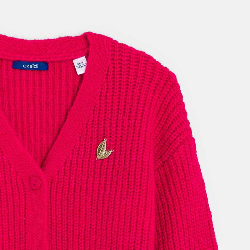 Gilet côtelé col V + broche rose fille