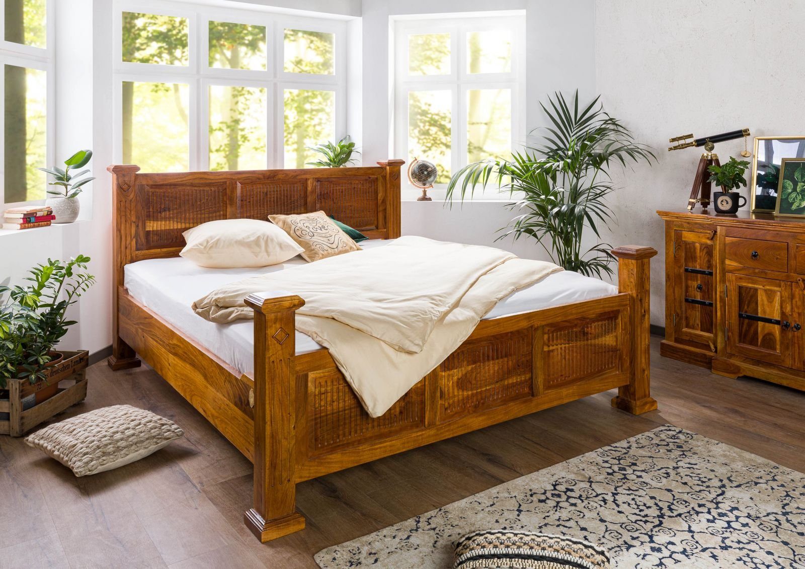 Massivmoebel24 Massivholzbett Bett Akazie 160x200x114 honig lackiert OXFORD #0131