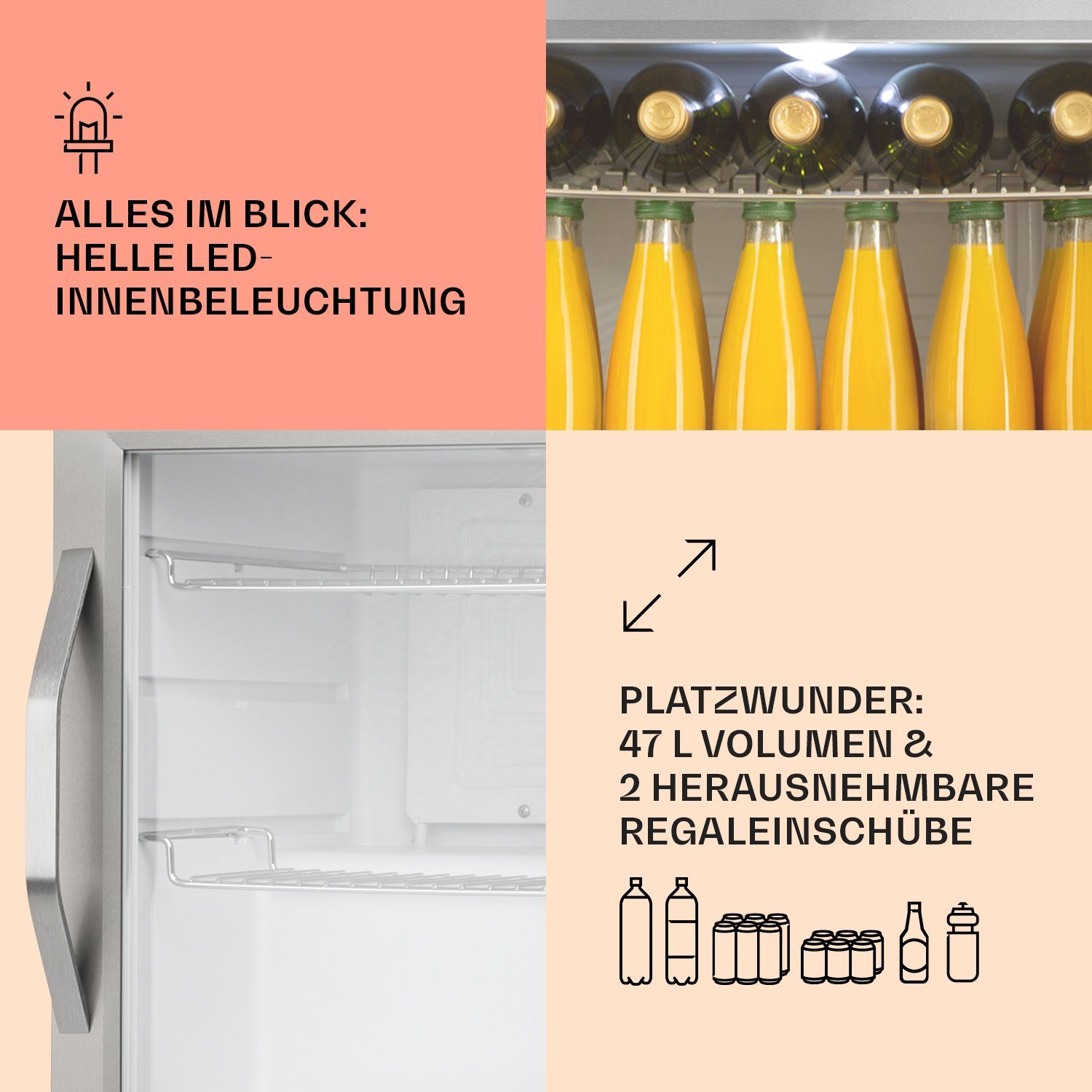 Klarstein Getränkekühlschrank HEA-Beersafe-L-WH 10033121, 50 cm hoch, 47.5 cm breit, Bierkühlschrank Getränkekühlschrank Flaschenkühlschrank mit Glastür