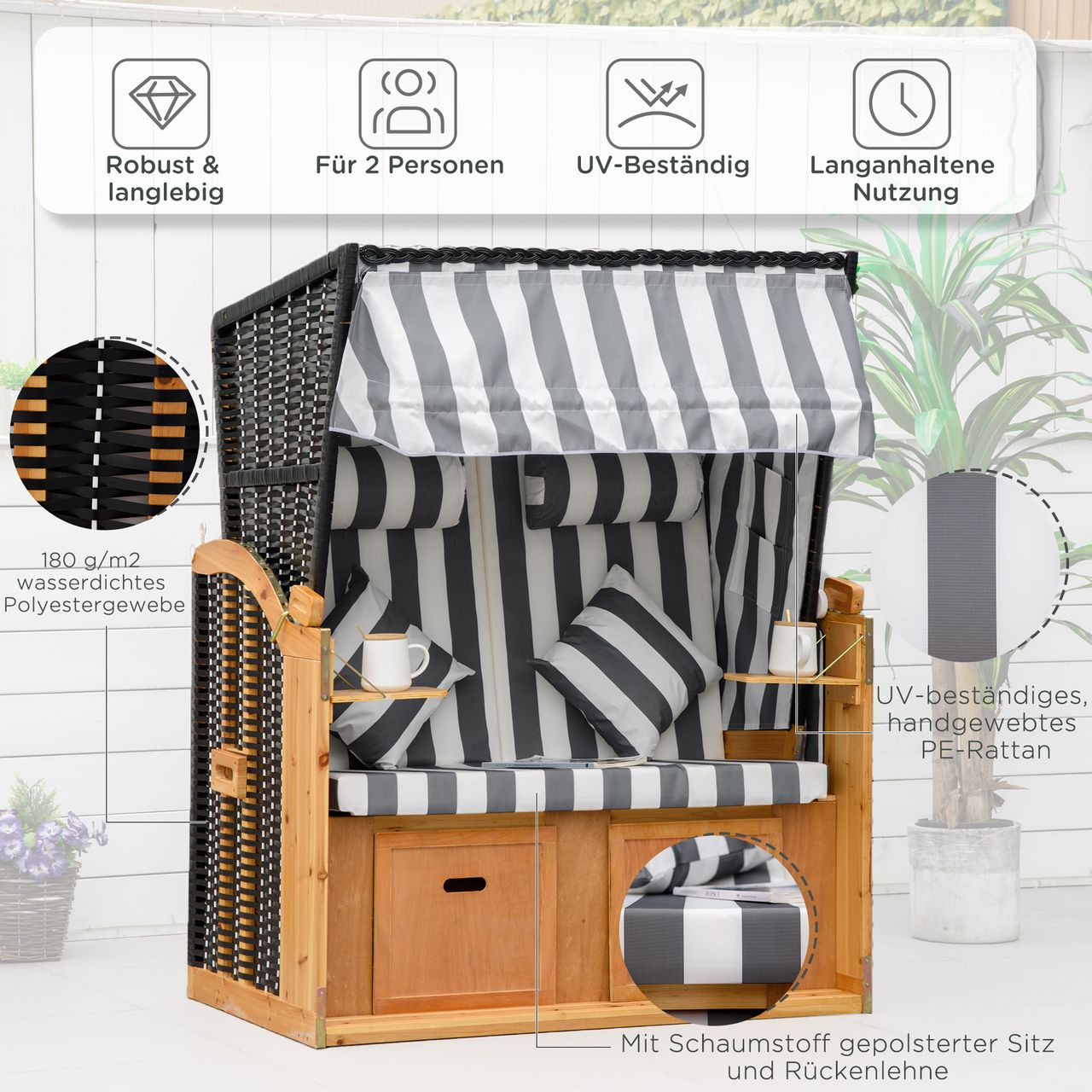 Outsunny Strandkorb Doppelte Sonnenliege mit Dach Doppelliege mit Getränkehaltern Chaiselongue 5-stufige Rückenlehne PE-Rattan Grau Weiß 118 x 79 x 150 cm