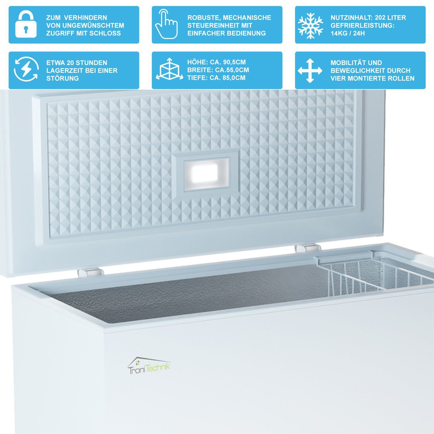 TroniTechnik Gefriertruhe BORGAR 210 PRO, 90.5 cm breit, 202 l, inkl. Dual Thermostat, LED Licht, Griff, Schloss, Rollen, Einlegekorb