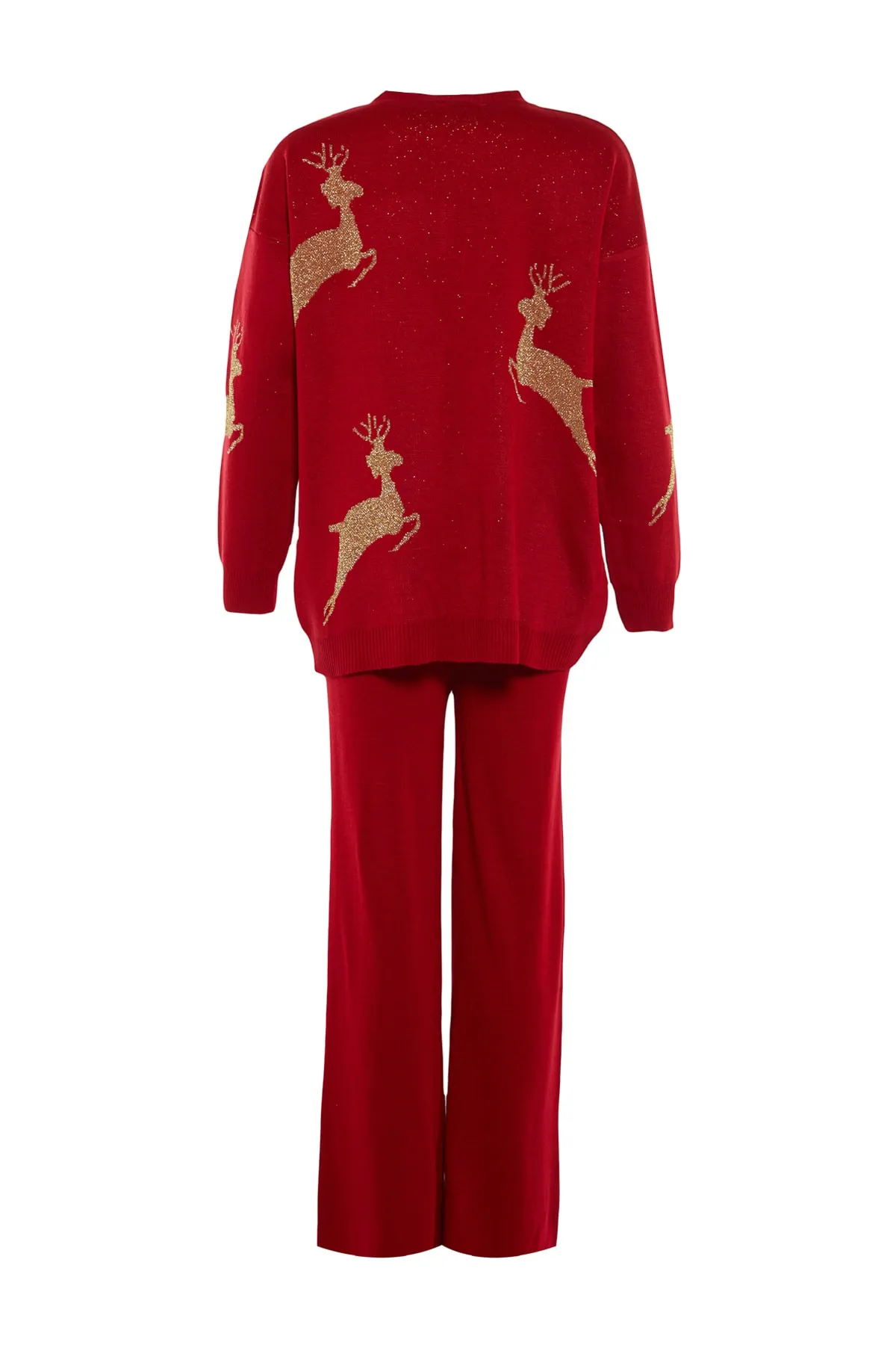 Trendyol Collection  Rotes gemustertes Strickoberteil und -unterteil-Set mit Neujahrsthema TWOAW23AU00174
