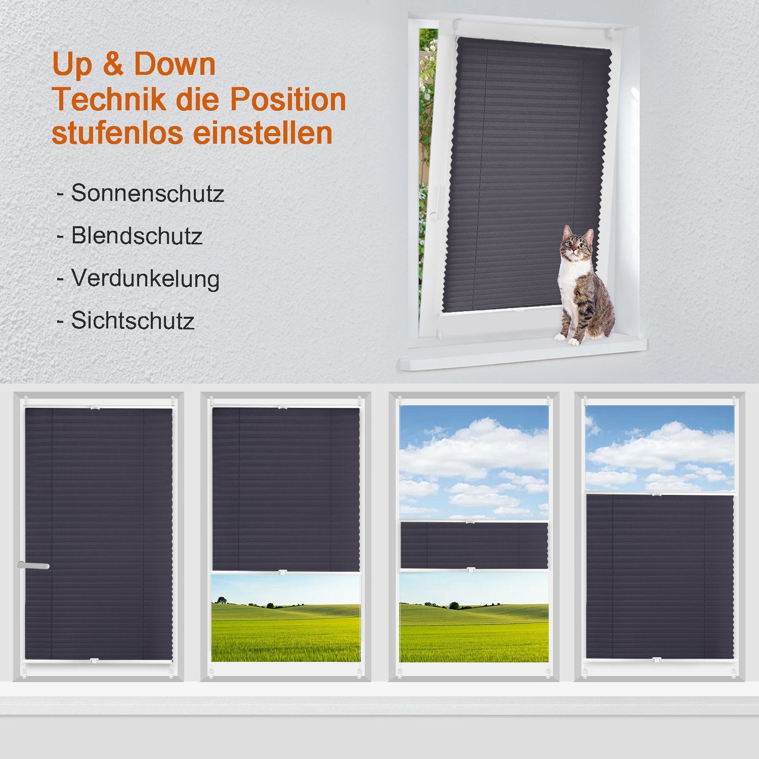 Plissee Ohne Bohren,Klemmfix,Weiß, Vkele, Einfach Montage, Klemmträger, Easyfix Faltrollo mit Klemmträger Sonnenschutz und Sichtschutz