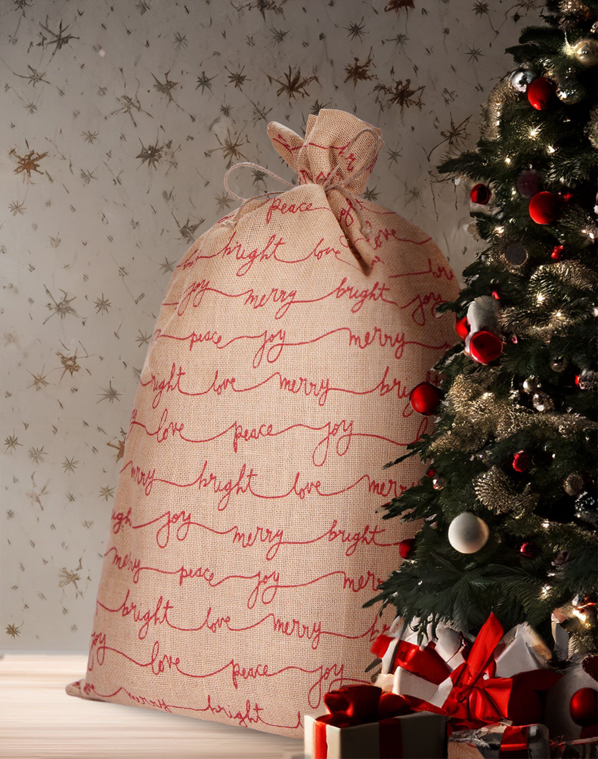 BRUBAKER Aufbewahrungstasche Weihnachtssack Love Peace Joy - 80 cm Geschenksack Weihnachten (1-tlg., Jutesack - Braun Rot), Nikolaussack Jutebeutel Sack mit Kordel zum Verpacken von Geschenken