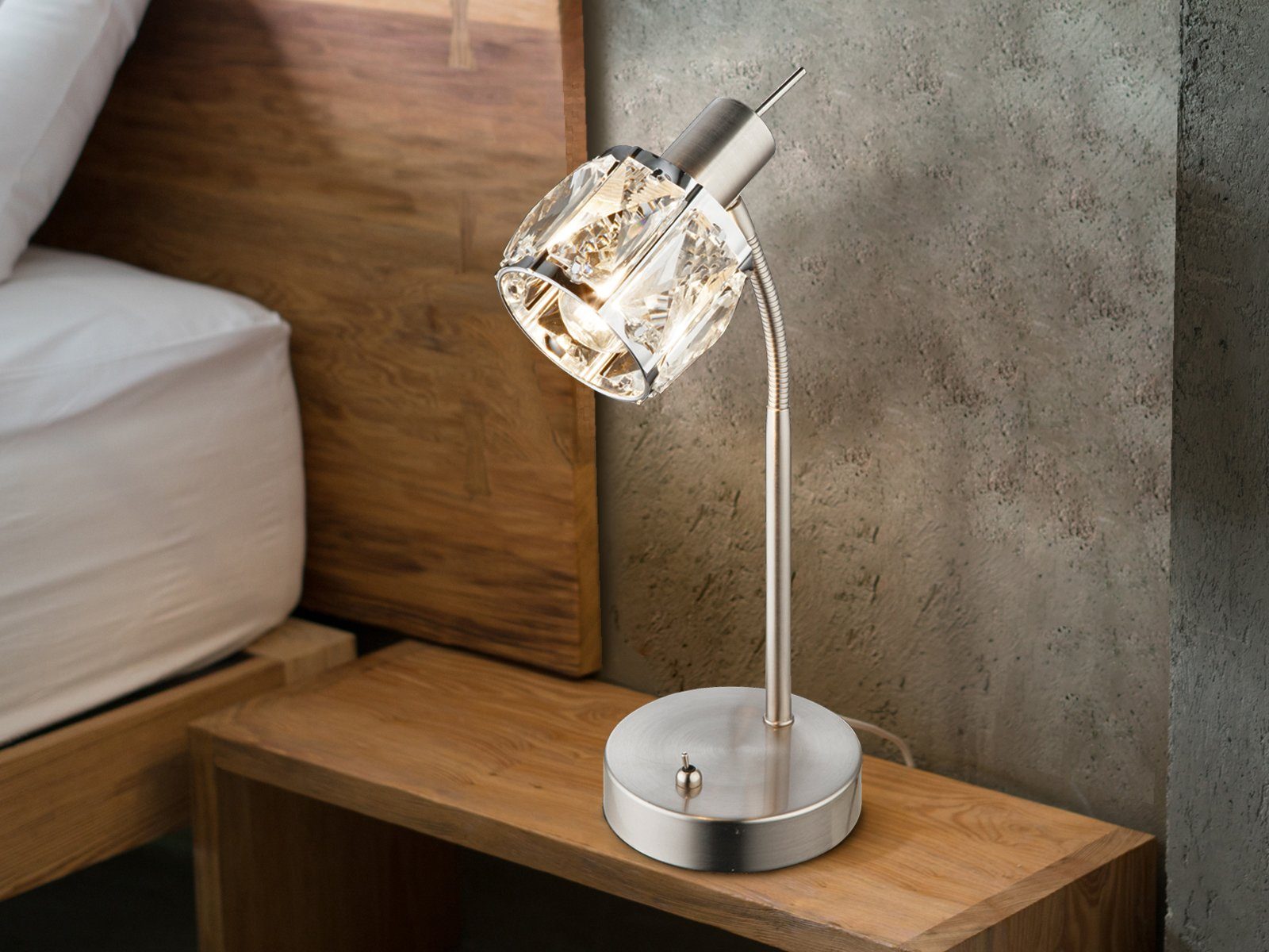 meineWunschleuchte LED Nachttischlampe, Dimmfunktion, LED wechselbar, warmweiß, dimmbar kleine Designer Kristall Lampenschirm Leselampe Silber H: 28cm