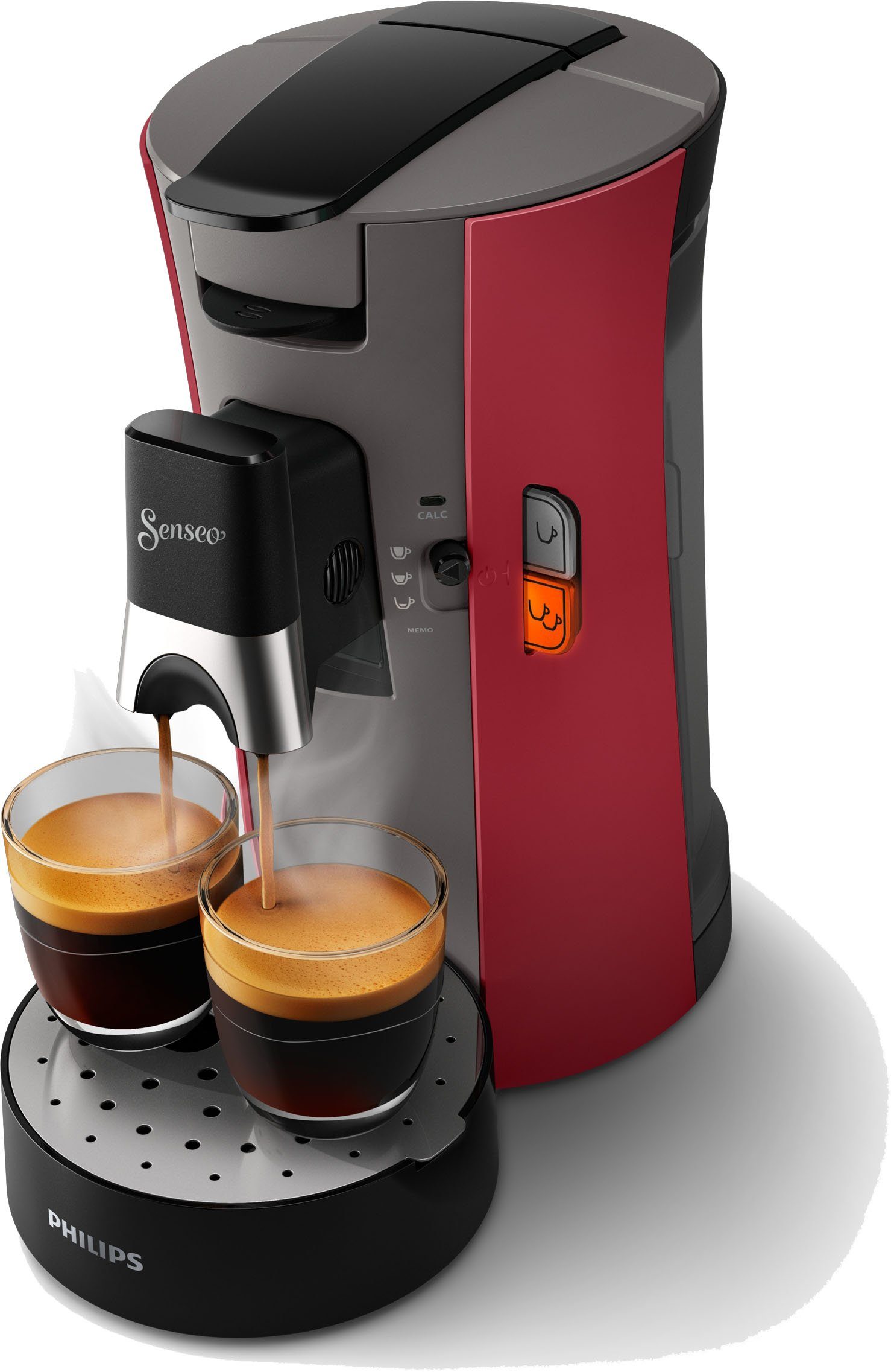 Philips Senseo Kaffeepadmaschine Select CSA240/90, aus 21% recyceltem Plastik und mit 3 Kaffeespezialitäten, dunkelrot