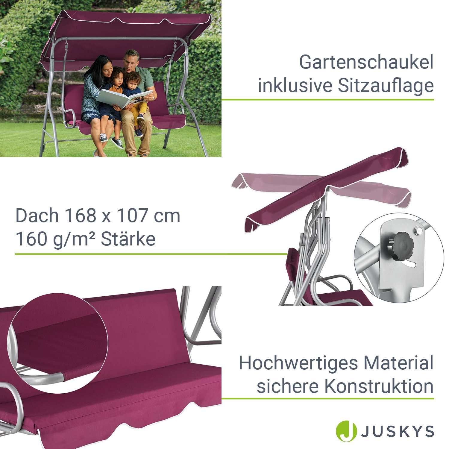 Juskys Hollywoodschaukel Cecina, 3-Sitzer, bis 200 kg, mit Dach und Sitzauflage, für Garten und Terrasse